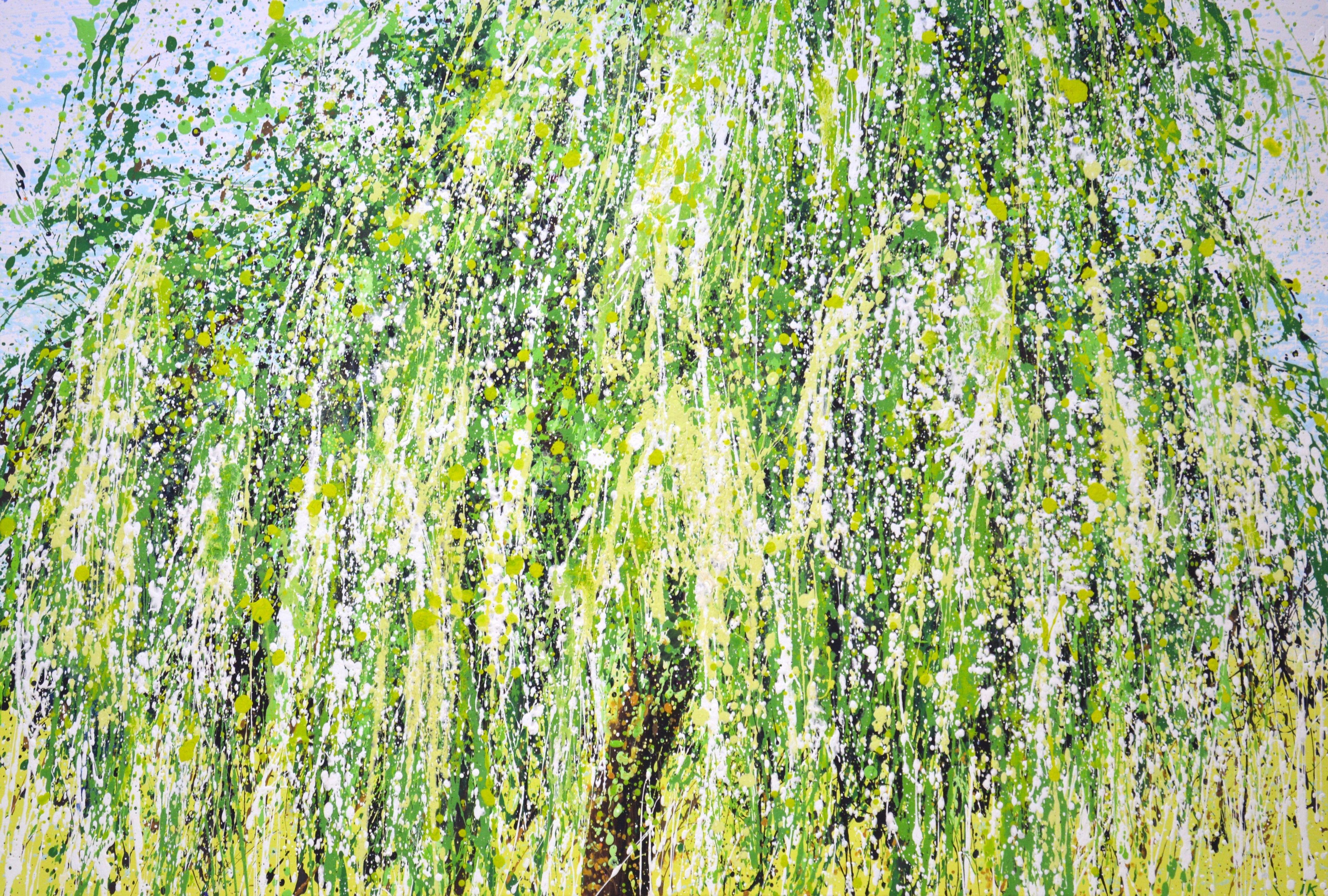 Willow. The beauty of nature, the willow tree inspired this work of art. Acrylic painting on canvas. Expressionism and abstract styles. Thin and dense colorful splashes of green, light green, spring flowers were applied with an energetic movement.