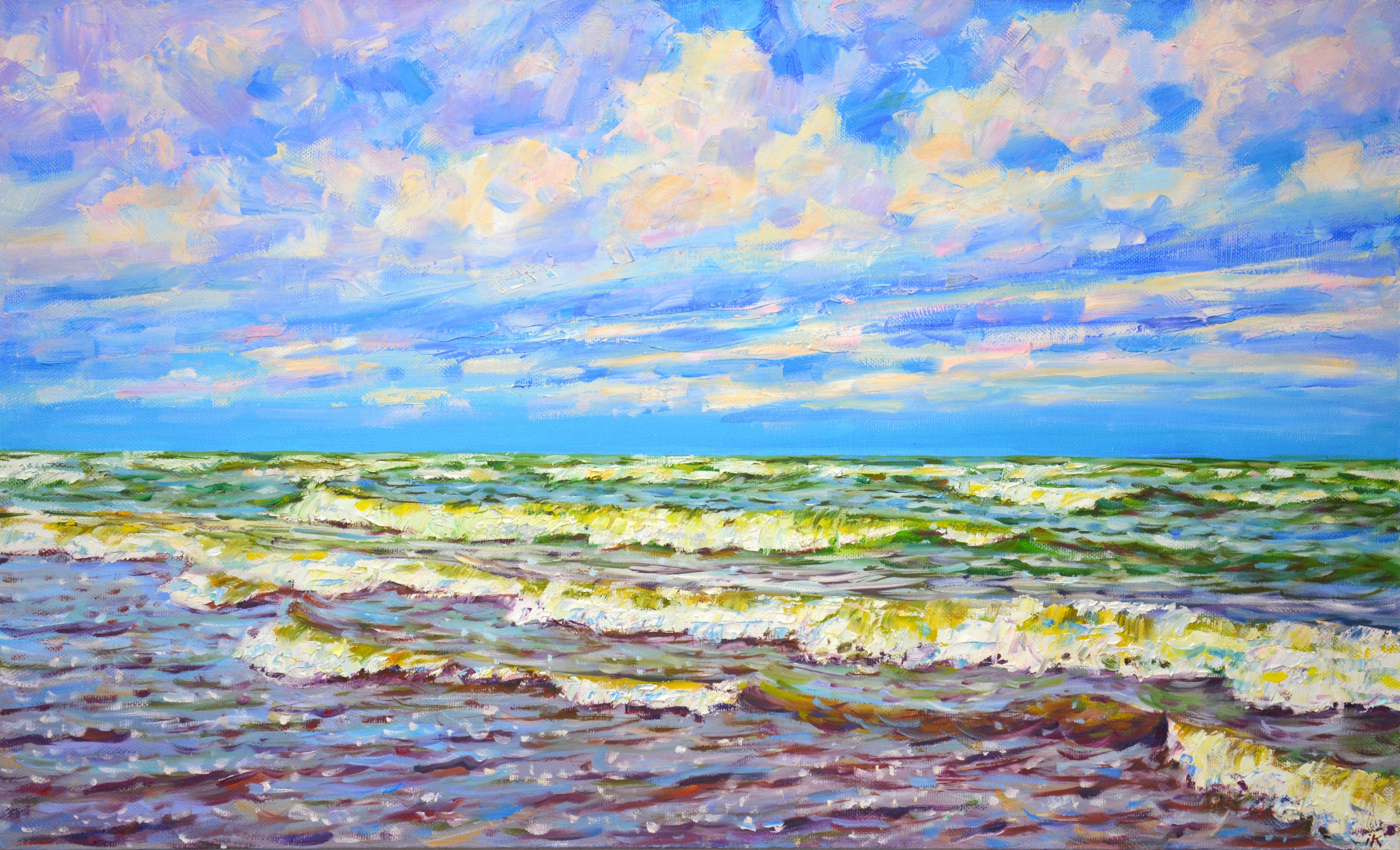 Windy day at sea. A tough knife palette and a rich blue and white palette bring out the energy of the ocean. Part of an ongoing series of seascapes. The picture has good spatial quality and the colors make children happy. Oil painting on linen