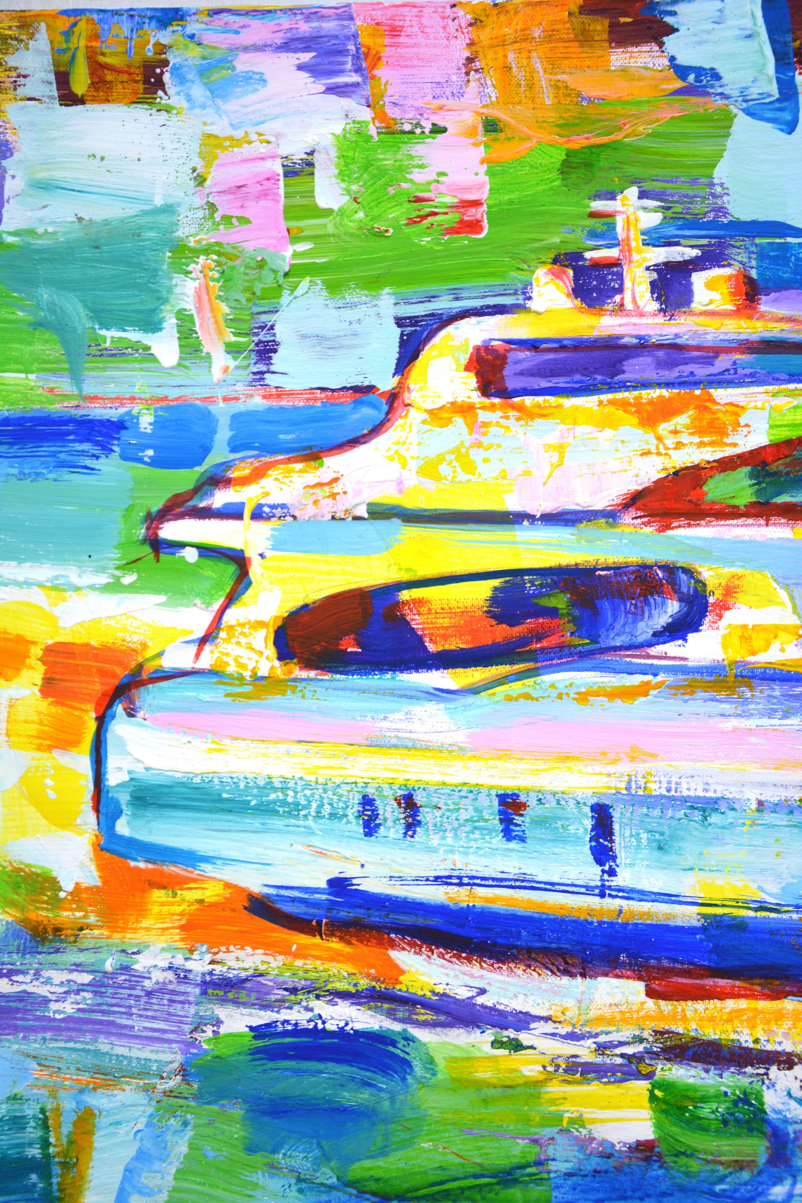 Yacht. Expression. Yacht on an abstract, bright, colored background. expressionism. Modern. The palette vigorously mixes the colors of pink, yellow, turquoise and white, scattered across the canvas with a spatula. Painting is a way to show the