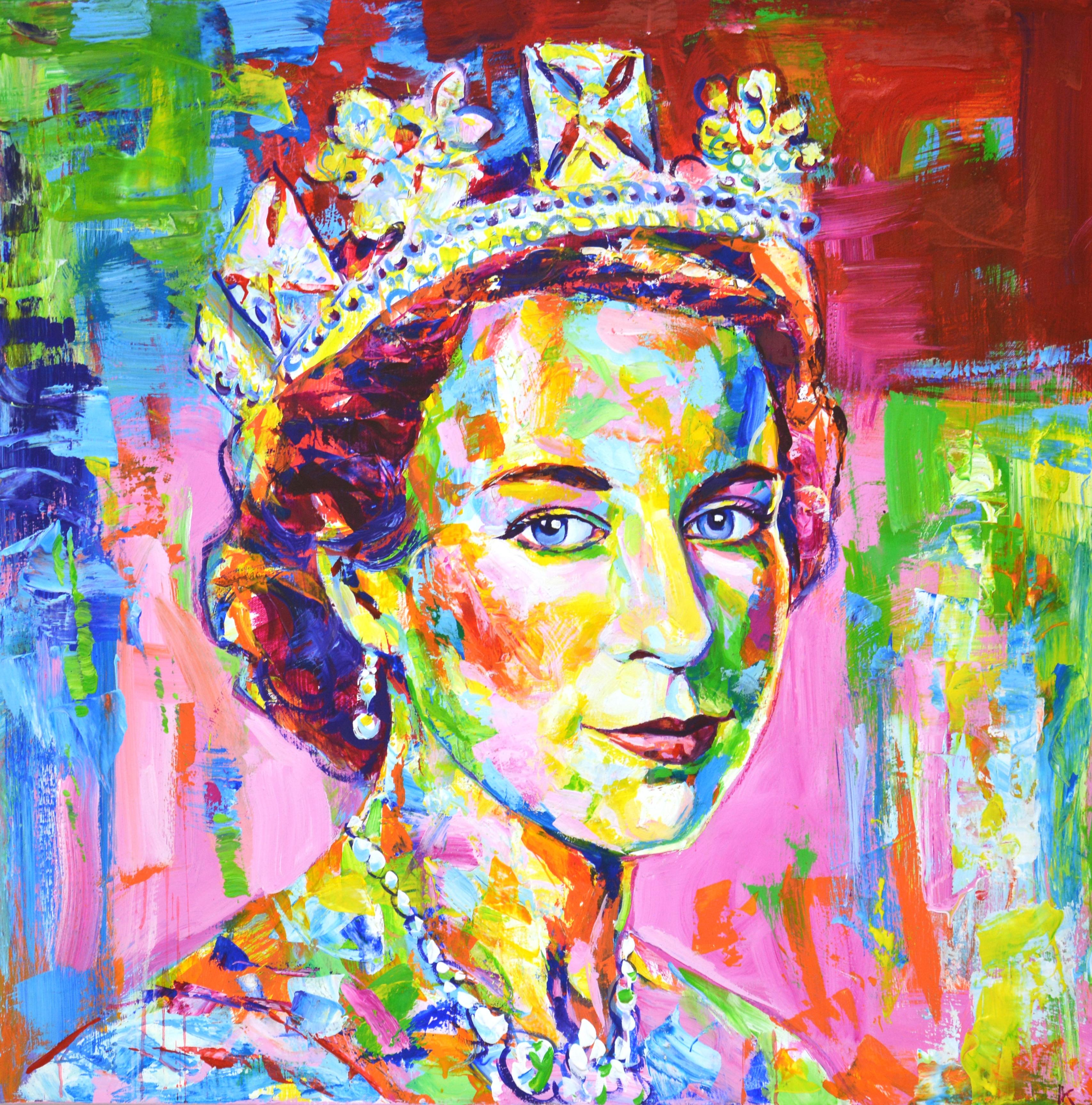 Print on canvas with the portrait of Queen Elisabeth II (ref.#0502) in Pop Art style, which was painted by the artist Iryna Kastsova.
The print size is 50x50cm plus 2cm from each side for stretching. Hand-signed on the backside.
Printed exclusively