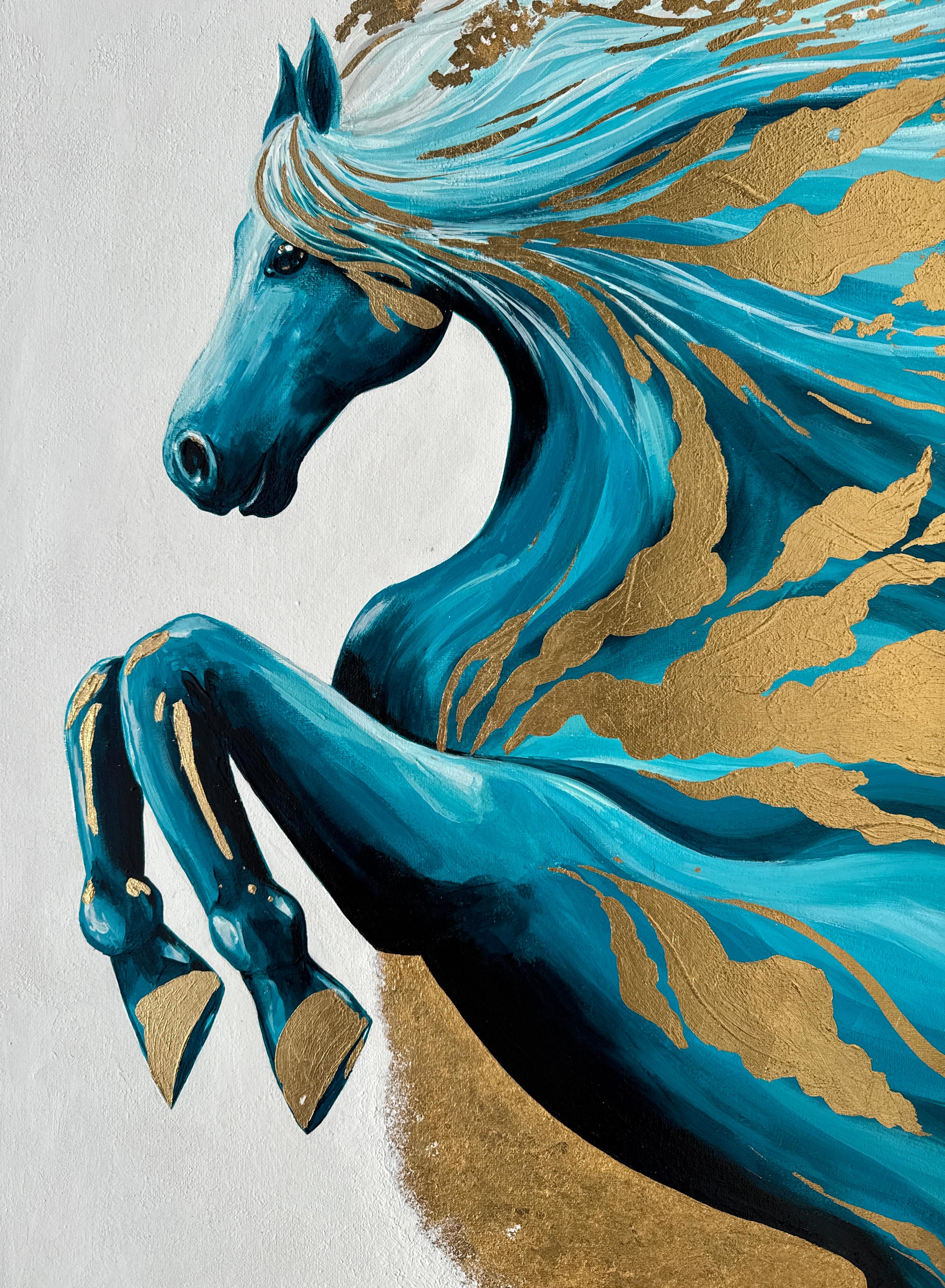 Ein türkisfarbenes Pferd schlägt mit einem goldenen Huf zu im Angebot 9