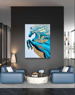 A turquoise horse strikes with a golden hoof