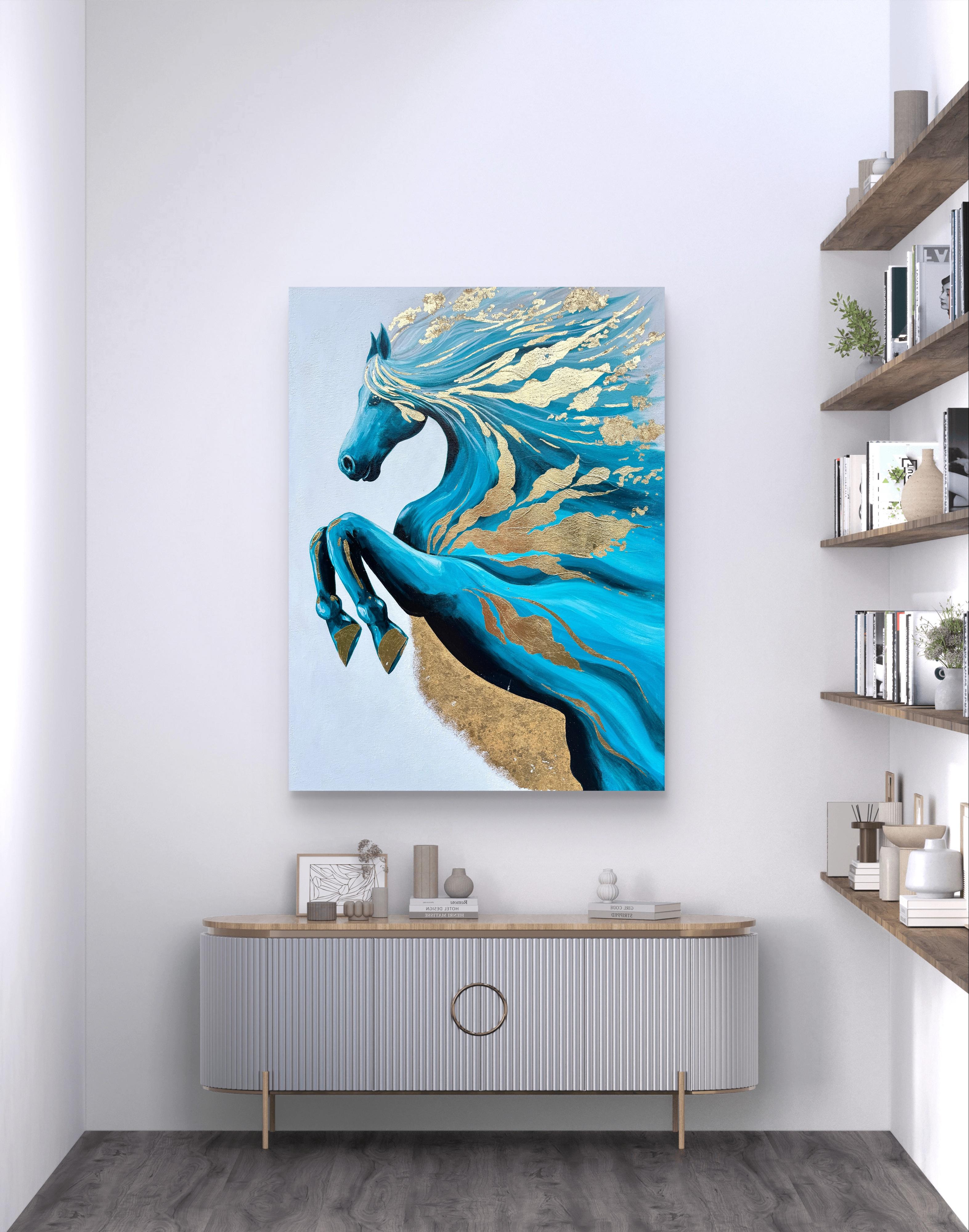 Ein türkisfarbenes Pferd schlägt mit einem goldenen Huf zu (Abstrakter Impressionismus), Painting, von Iryna Kobzar