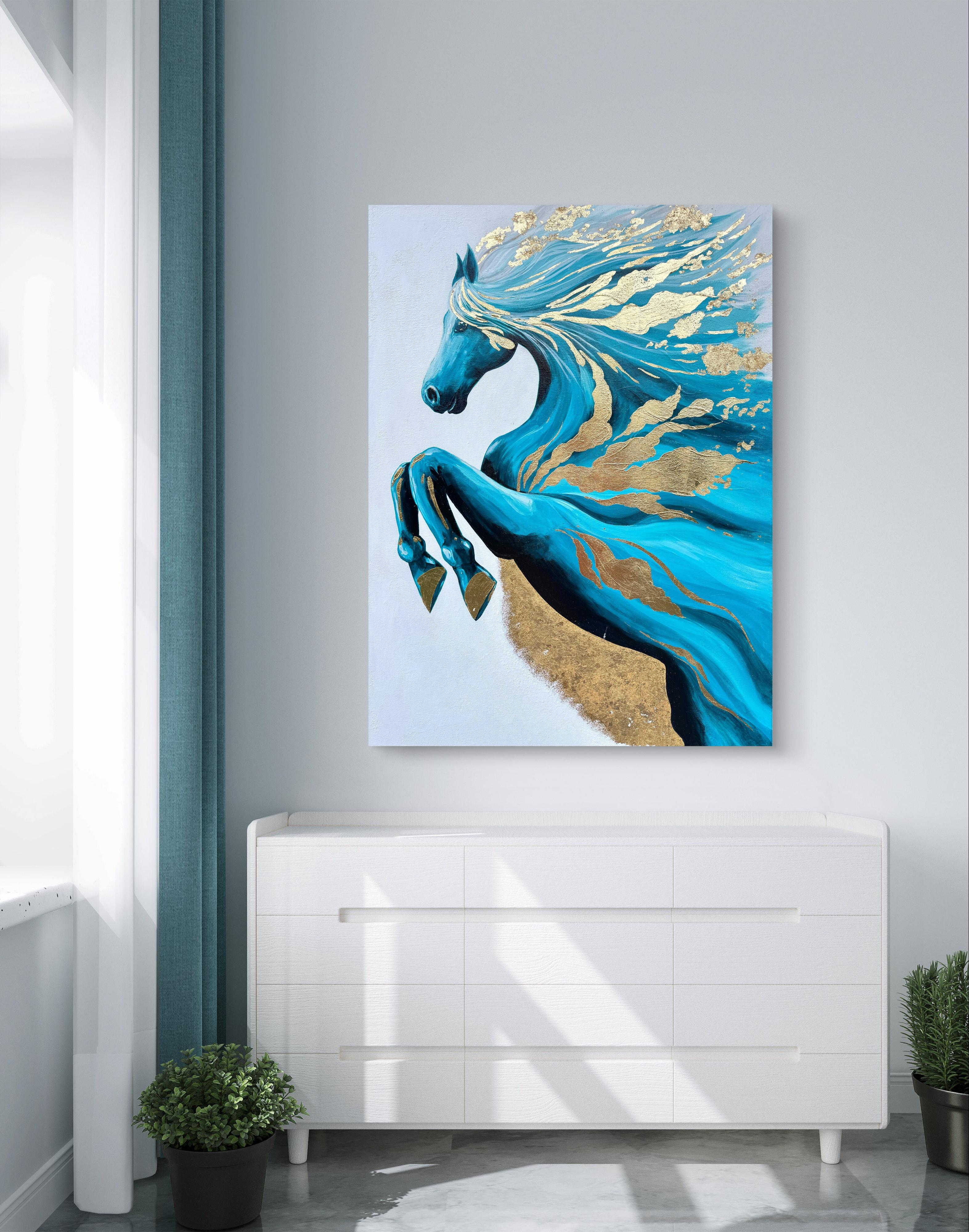 Ein türkisfarbenes Pferd schlägt mit einem goldenen Huf zu (Beige), Abstract Painting, von Iryna Kobzar