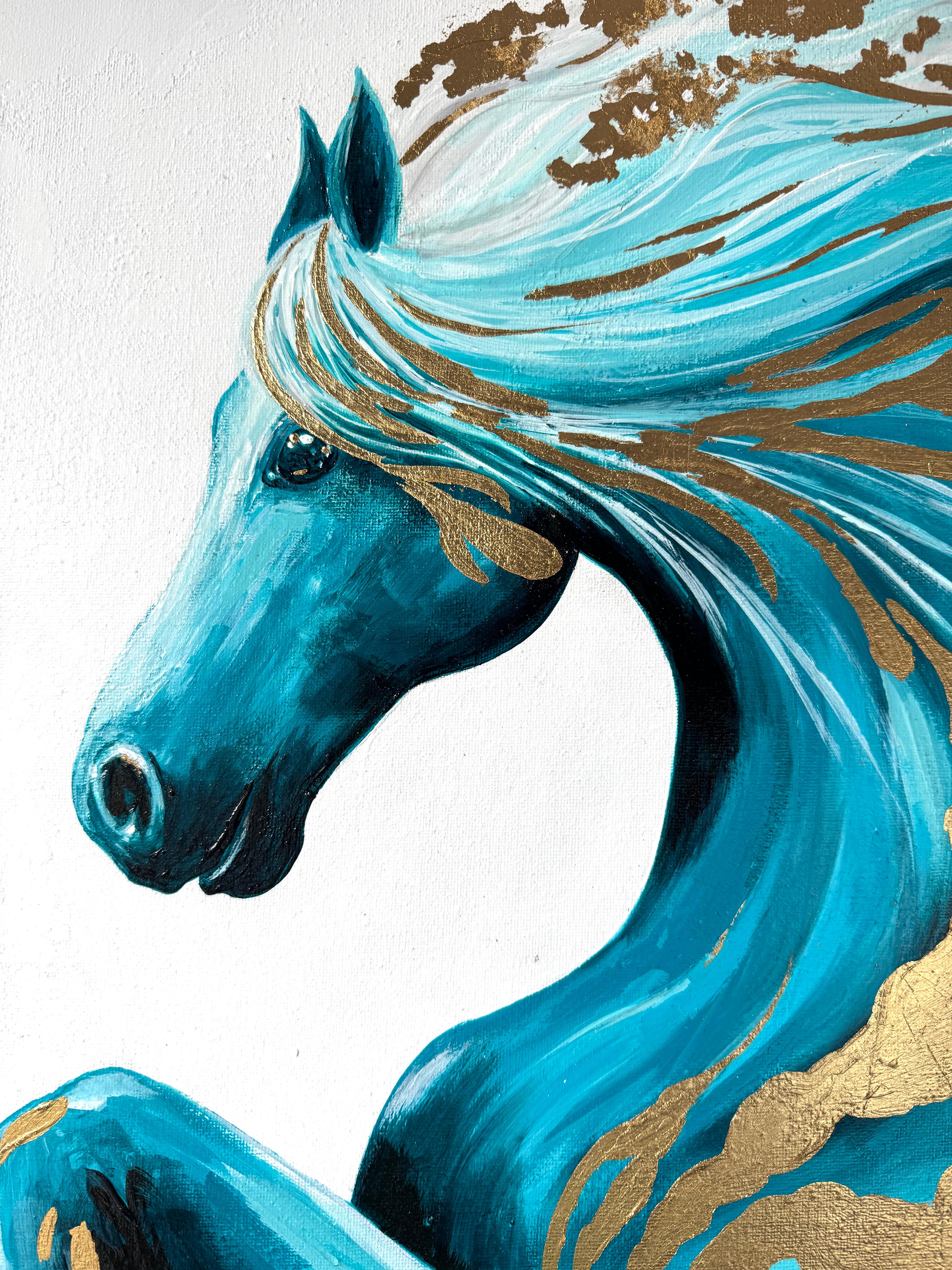 Das Pferd verkörpert Kraft, Anmut und Freiheit. Seine Bewegung ist wie ein Wirbelwind aus Energie - ein Windhauch, der uns vorwärts trägt, hin zu Träumen, Licht und dem goldenen Schatz in uns. 
Dieses Gemälde erzählt von der Reise, der inneren Kraft
