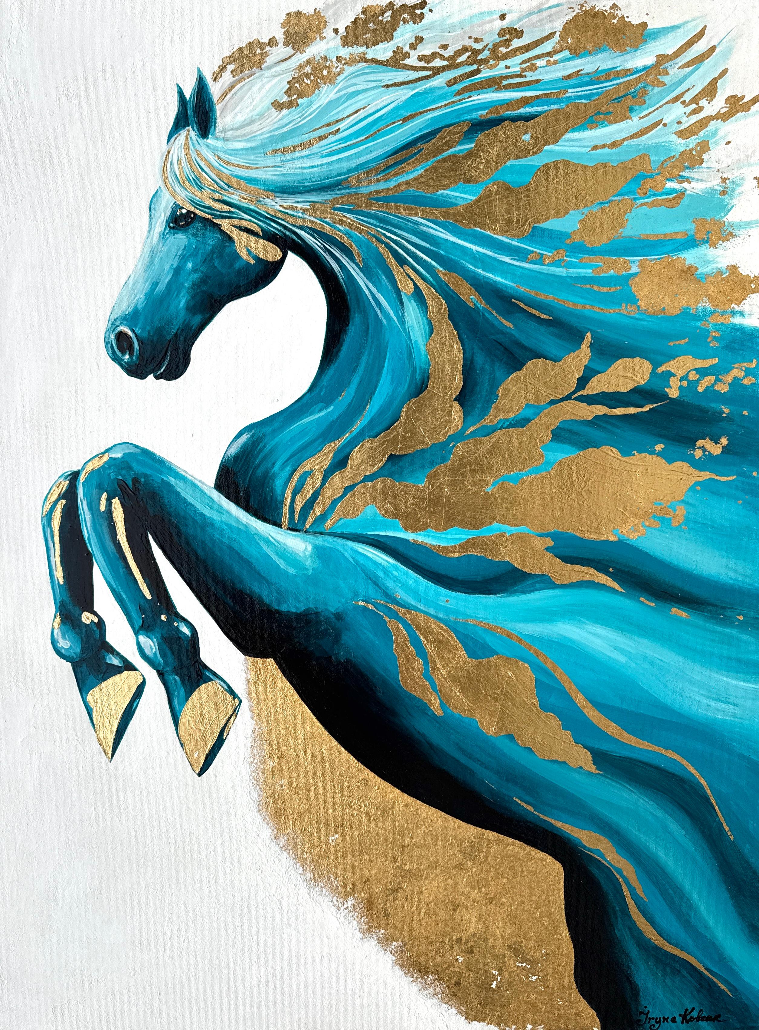 Un cheval turquoise frappe avec un sabot d'or