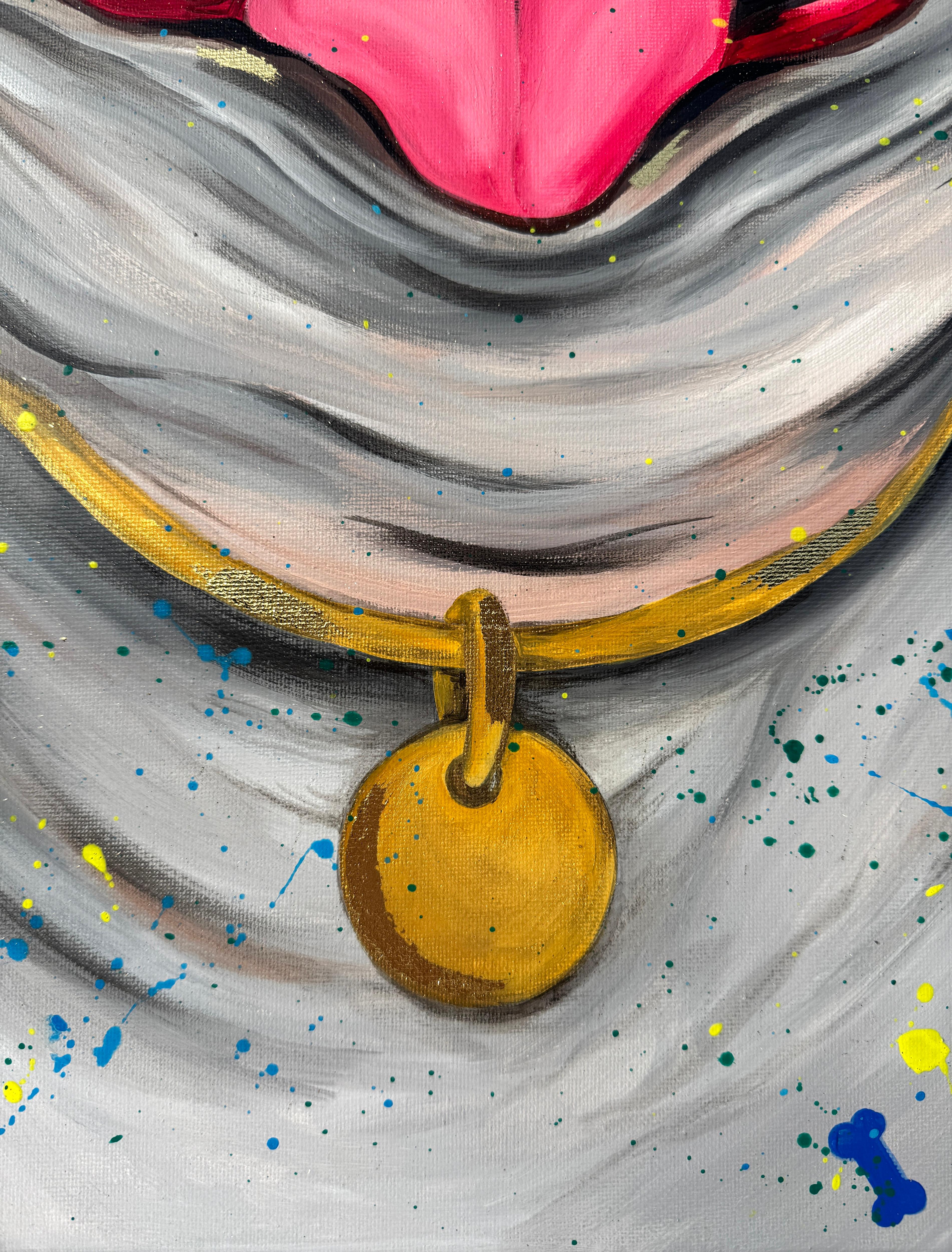 Dieses lebendige Kunstwerk strahlt Freude und Positivität aus. Vor einem rosafarbenen Hintergrund mit bunten Sprenkeln trägt eine charismatische weiße Bulldogge eine übergroße gelbe Brille und Kopfhörer. Sein breites Lächeln und sein verspielter