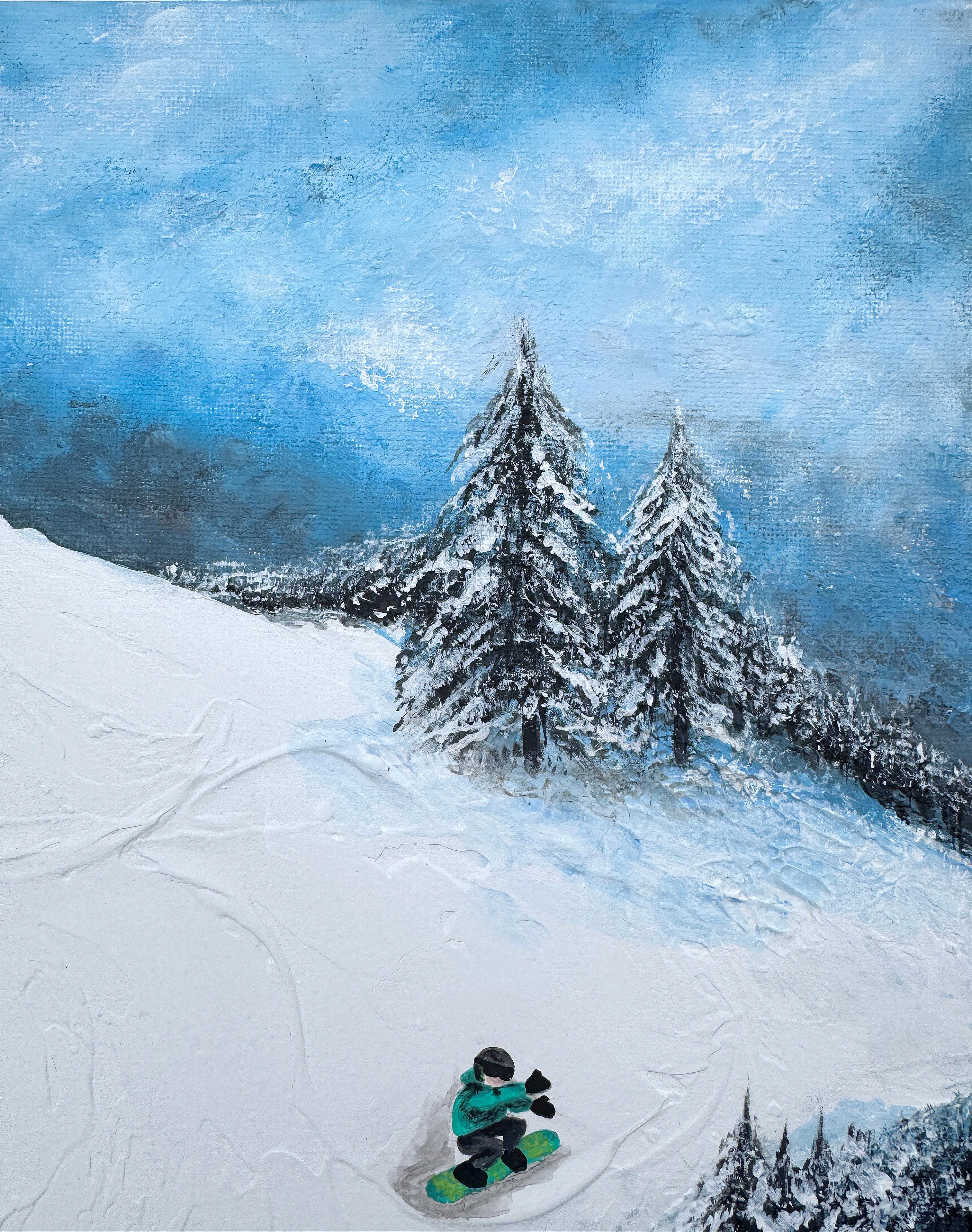 Descent Through Mountain Silence - Blue Landscape Painting by Iryna Kobzar