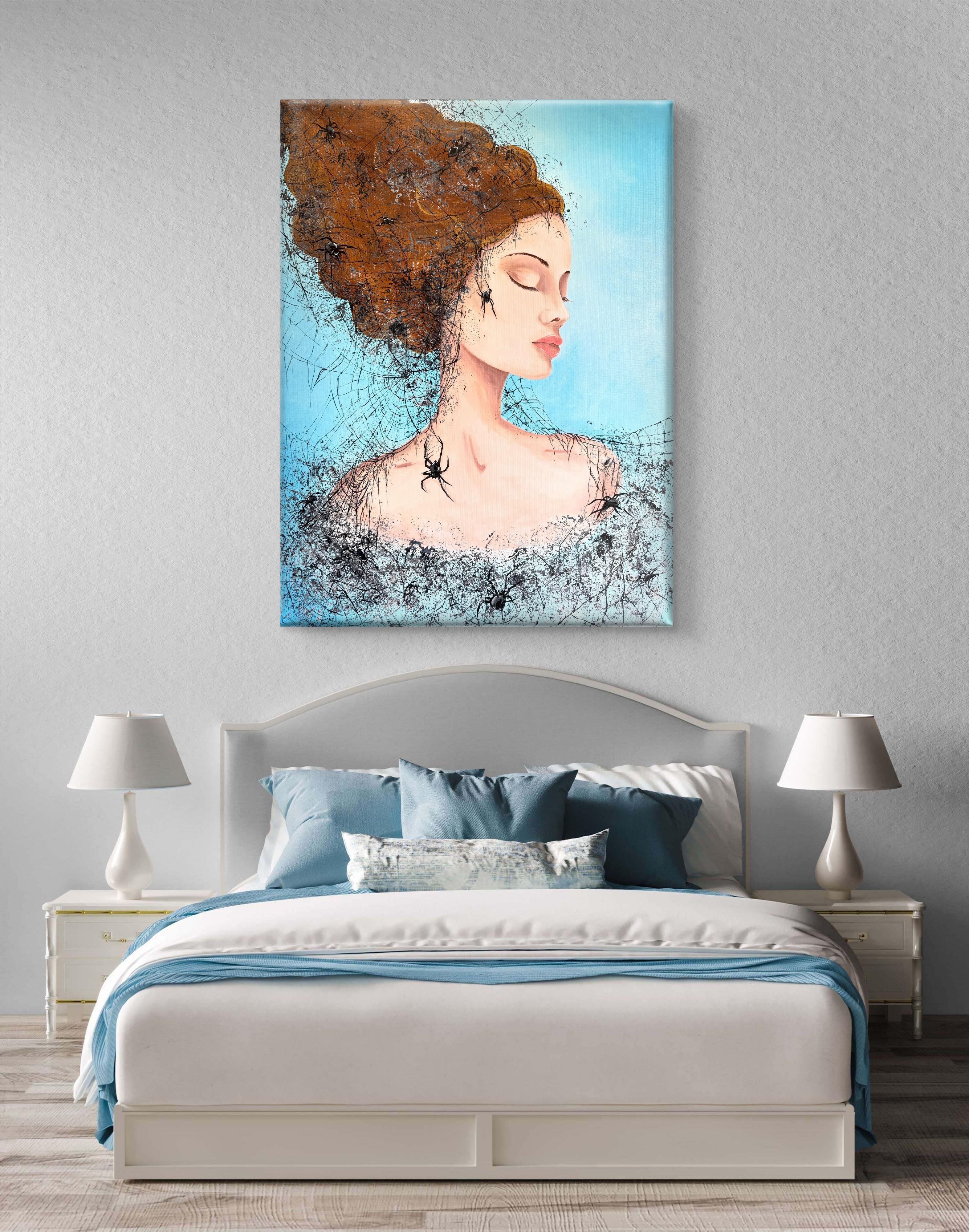 This original acrylic painting is a visual dive into the depths of the subconscious - a space where memories, fears, and inner voices weave an invisible web: the web of the past that often holds us back and keeps us from moving forward.
The woman in