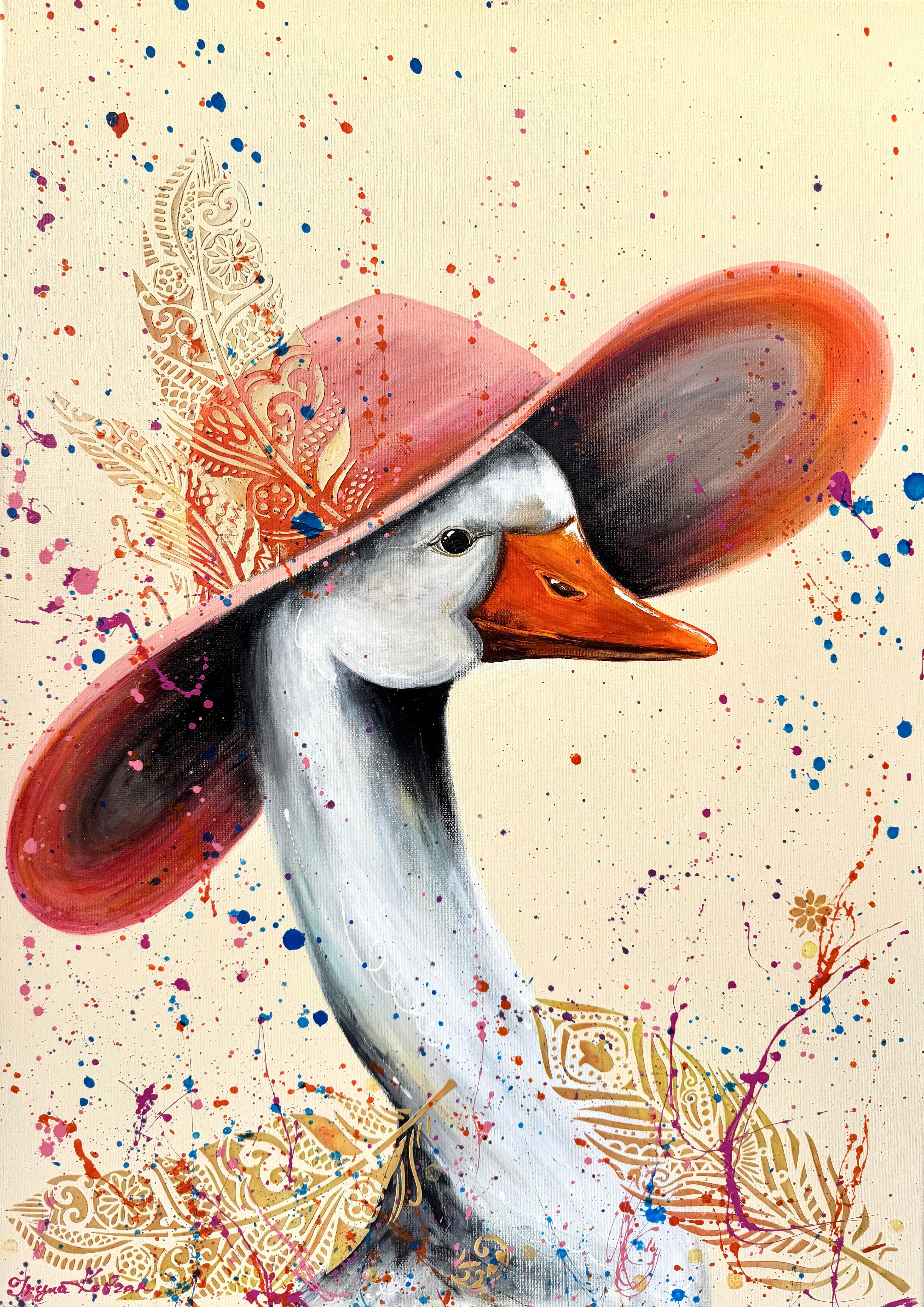 Mr. and Mrs. Goose on a Date (Diptych) - Painting by Iryna Kobzar