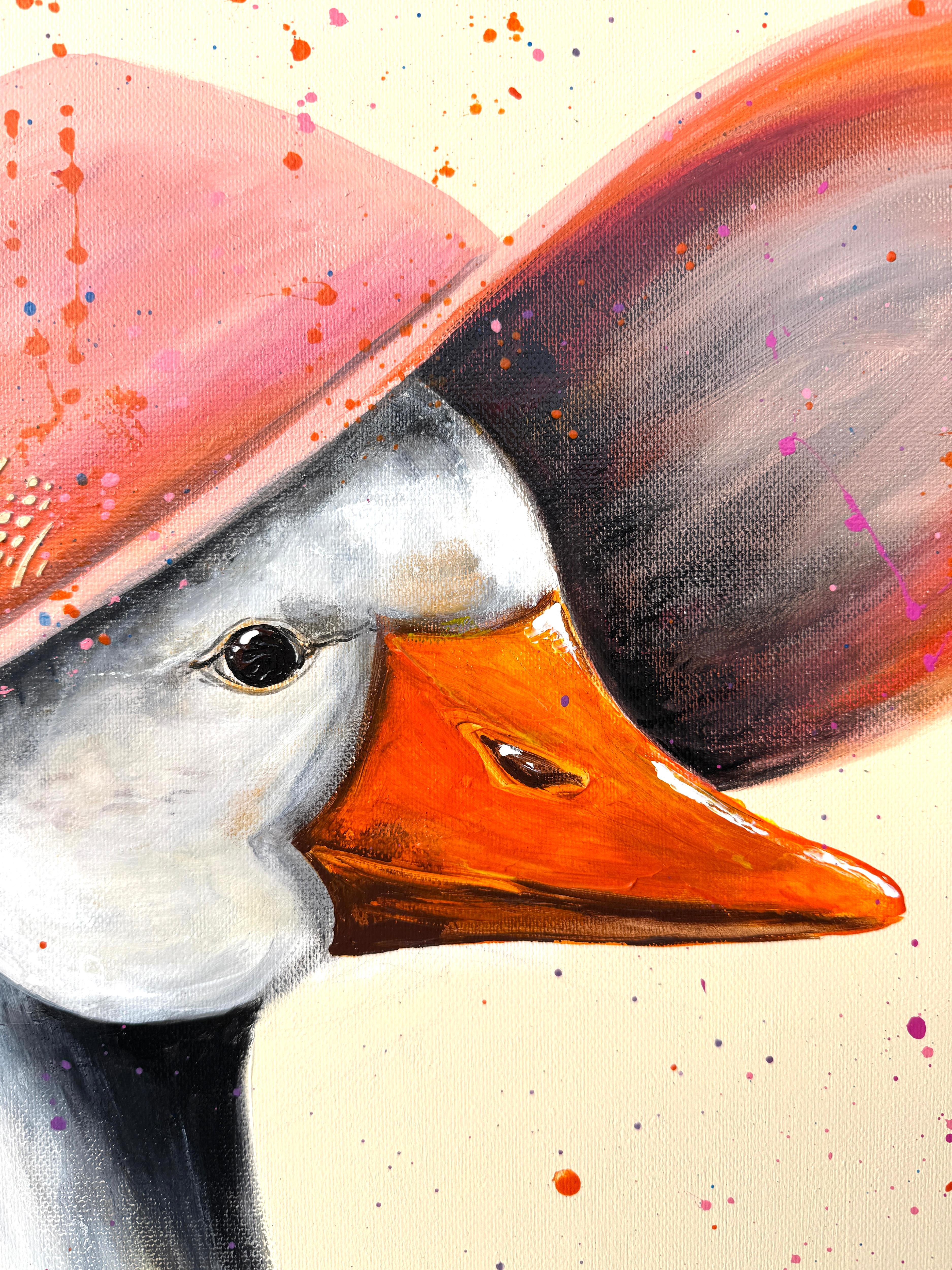 Mr. and Mrs. Goose on a Date (Diptych) - Beige Animal Painting by Iryna Kobzar