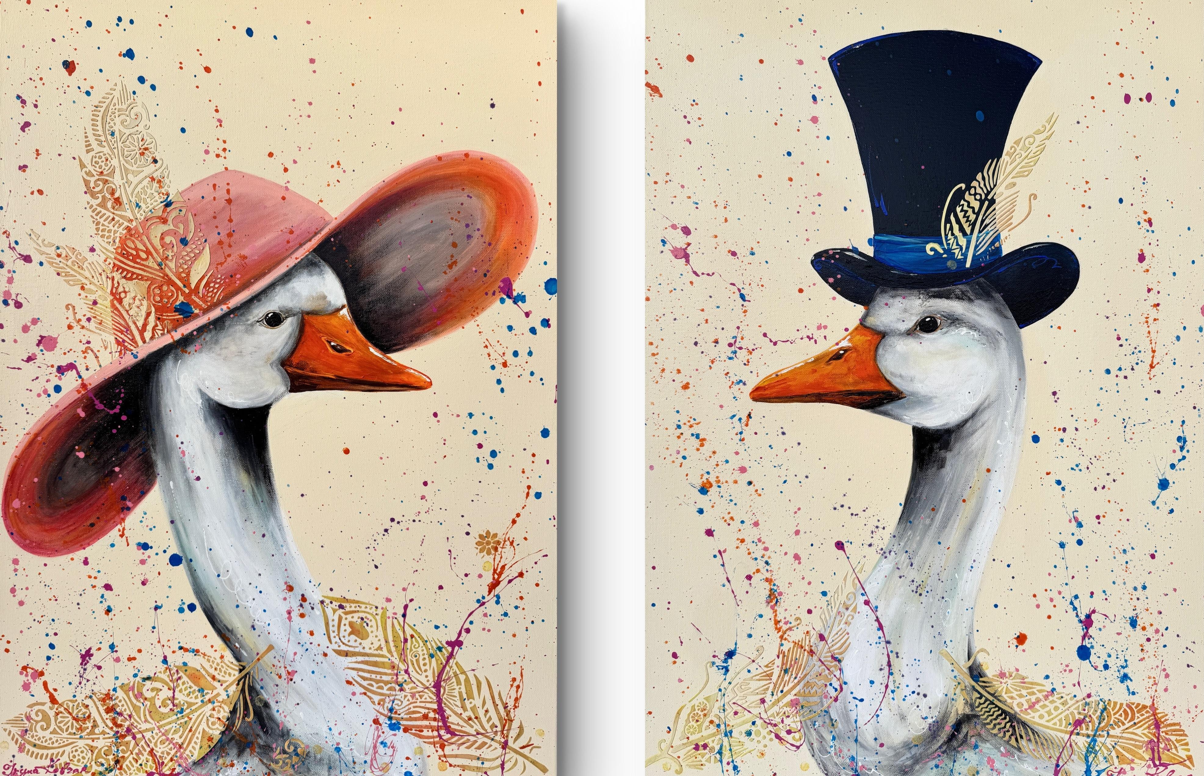 Iryna Kobzar Animal Painting - Mr. and Mrs. Goose on a Date (Diptych)