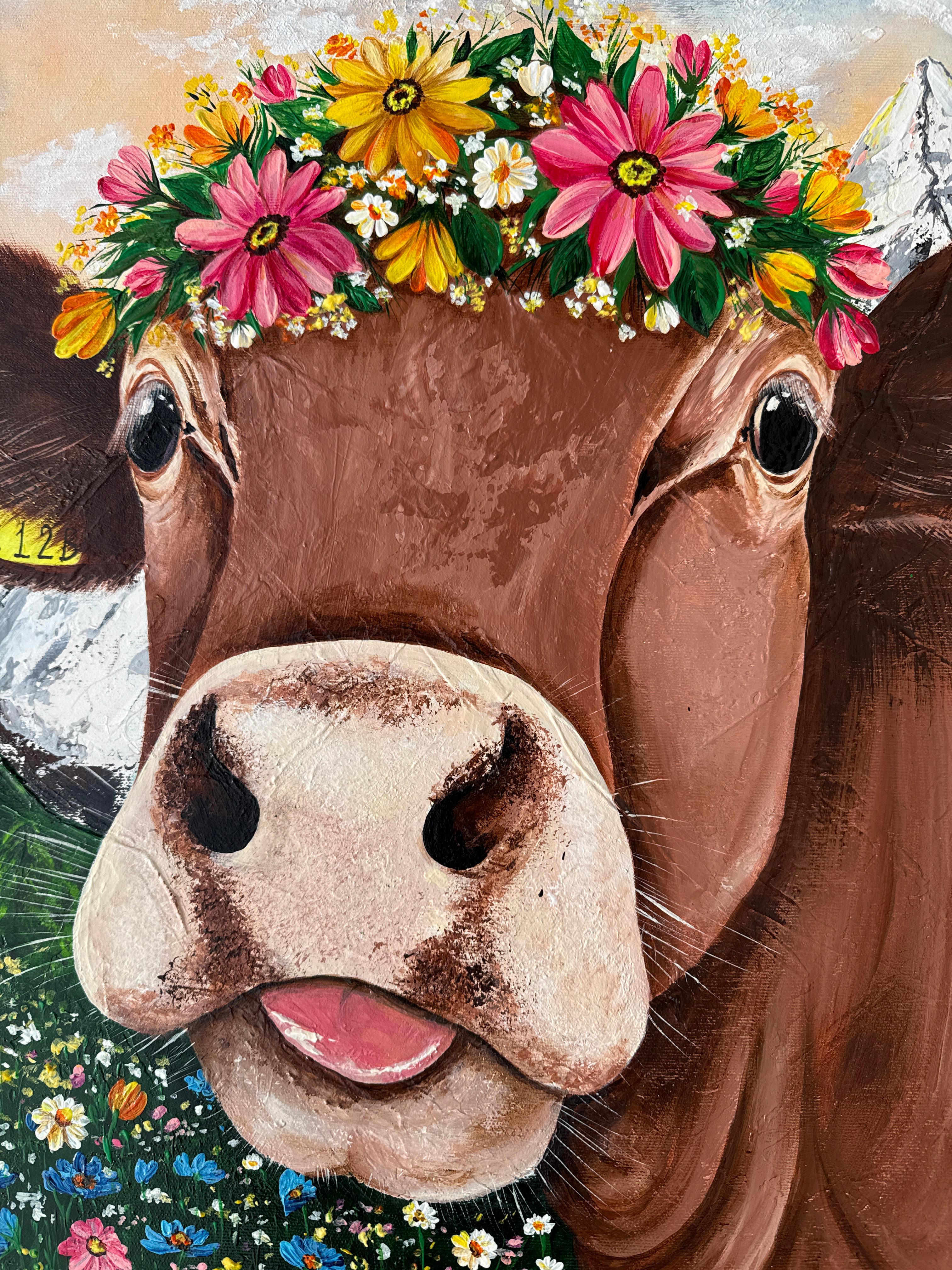 Ma vache alpine en fleurs - Painting de Iryna Kobzar