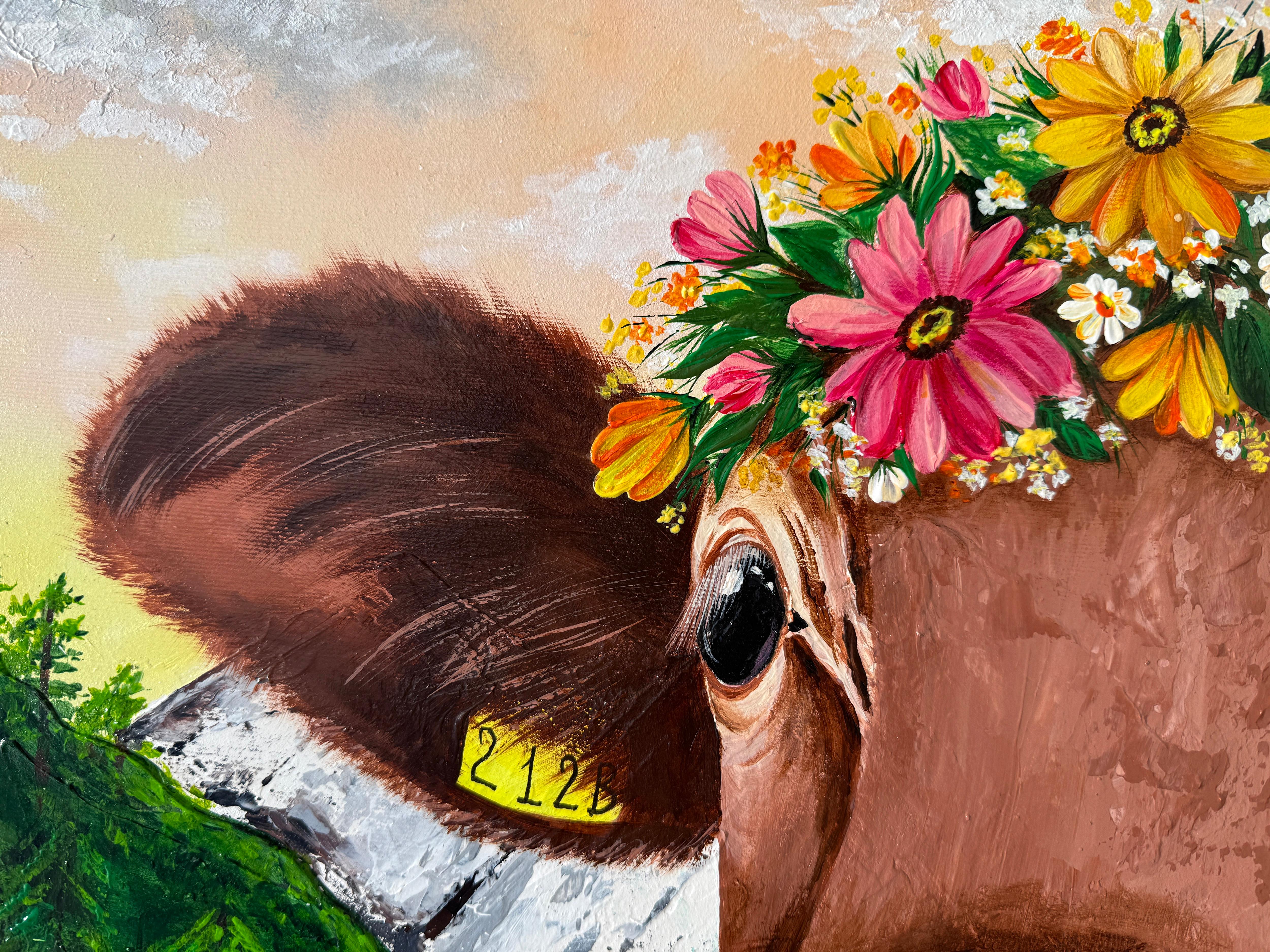 Ma vache alpine en fleurs - Beige Animal Painting par Iryna Kobzar