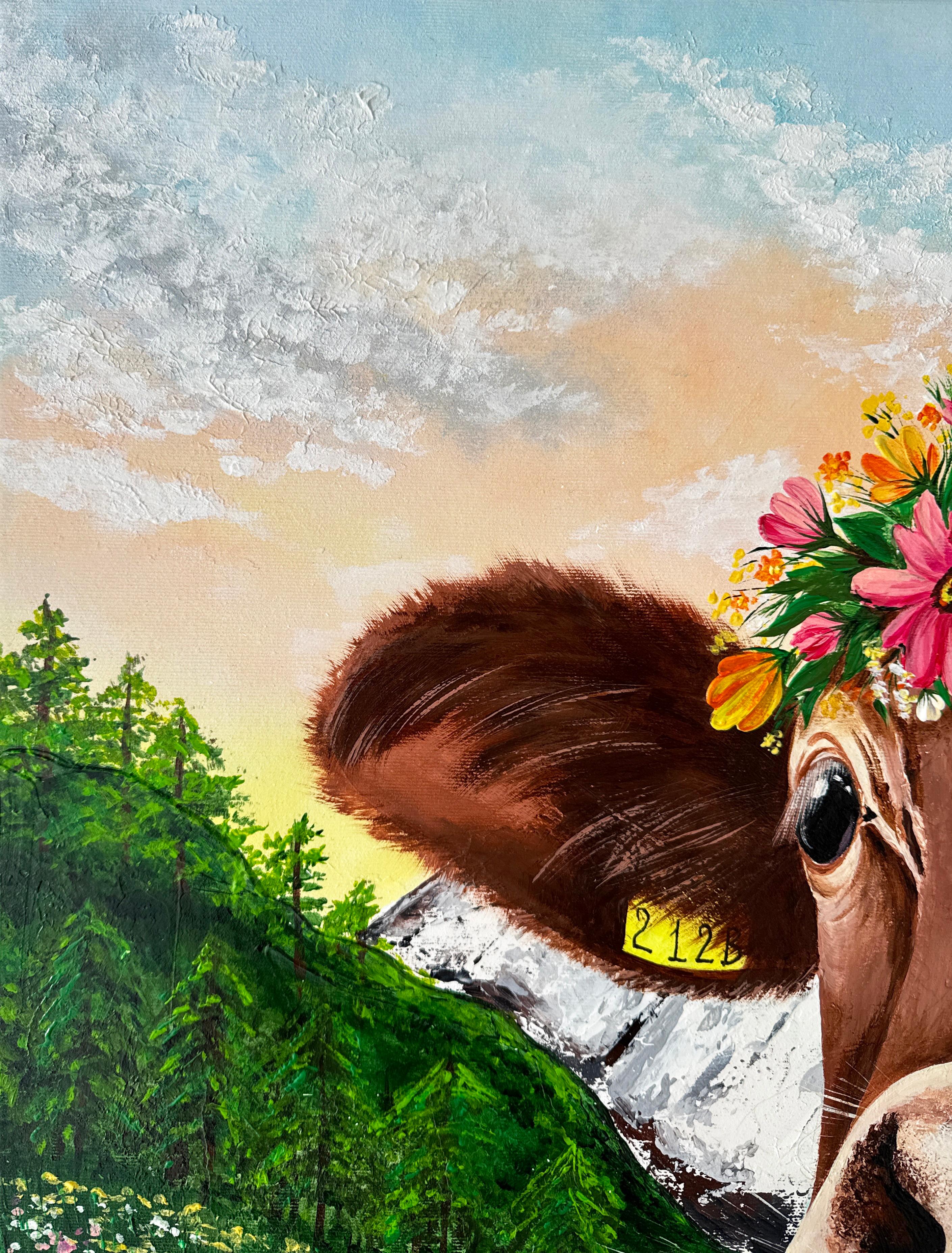 Cette charmante vache a décidé de profiter d'une journée joyeuse dans les prairies alpines en fleurs. Elle s'est promenée dehors pour sentir la chaleur du soleil, respirer l'air frais de la montagne et savourer le parfum des herbes sauvages. Et bien