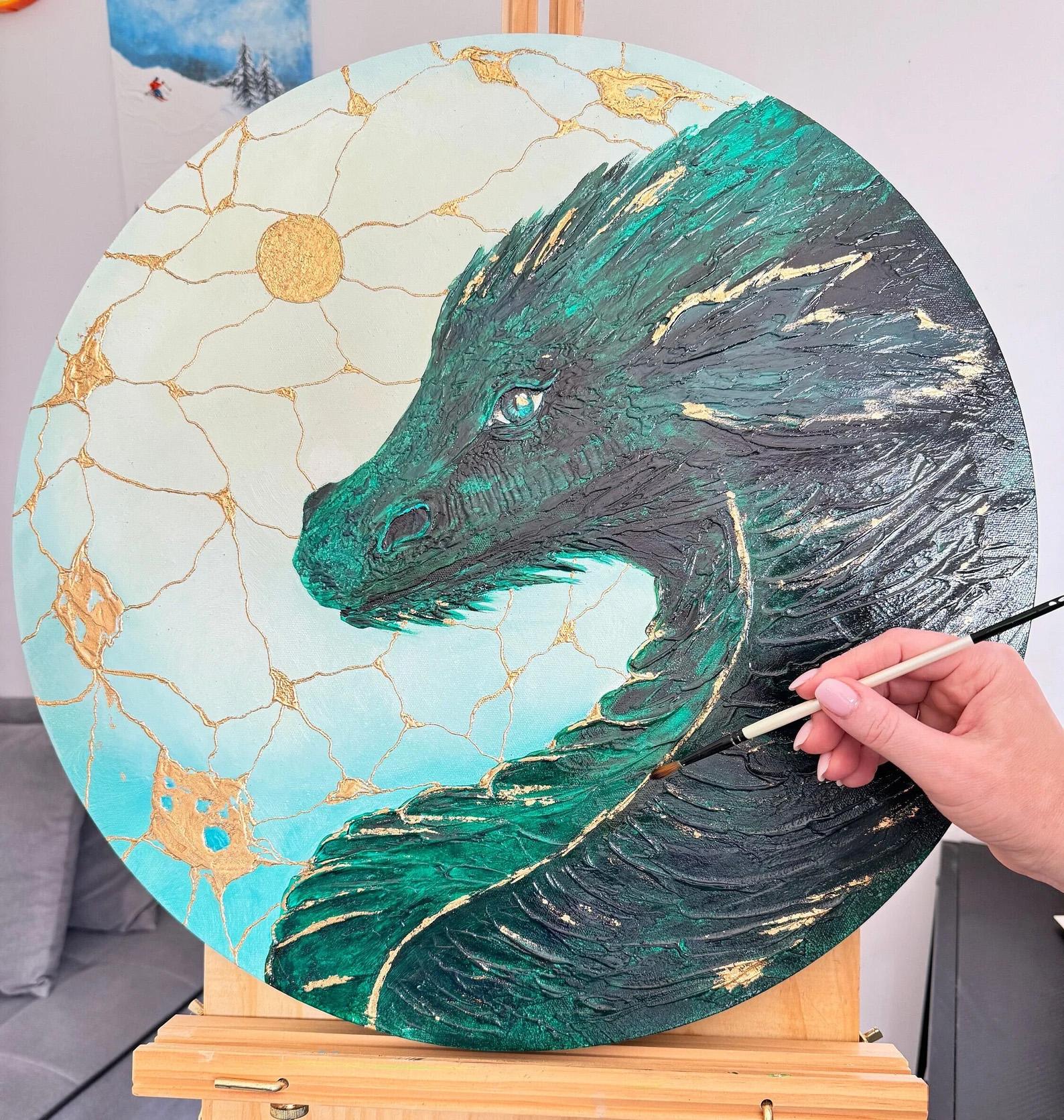 Mein smaragdgrüner Drache (Pop-Art), Painting, von Iryna Kobzar