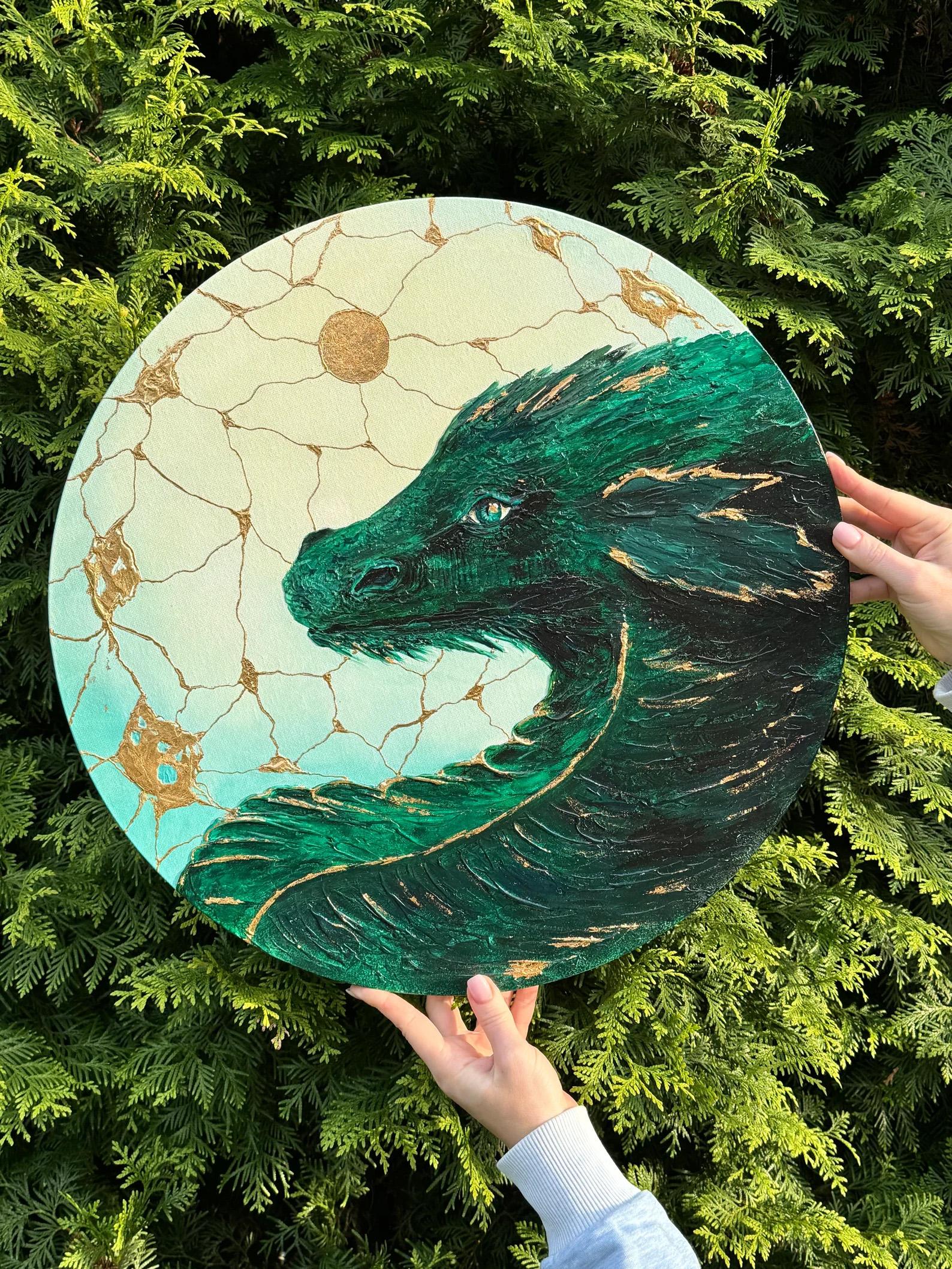 Mein smaragdgrüner Drache (Blau), Animal Painting, von Iryna Kobzar