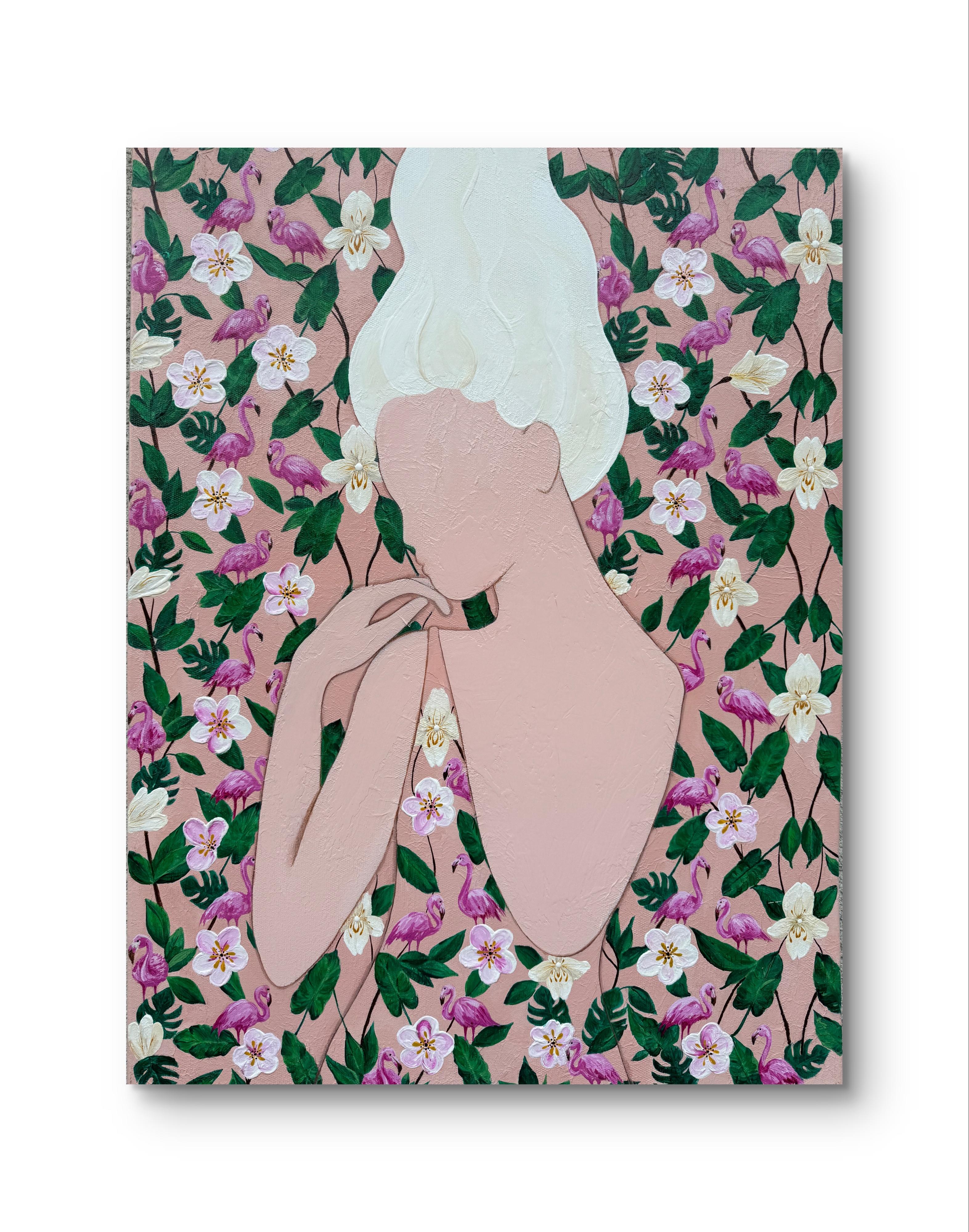 Der Tanz der Stille auf rosa Beinen (Beige), Figurative Painting, von Iryna Kobzar