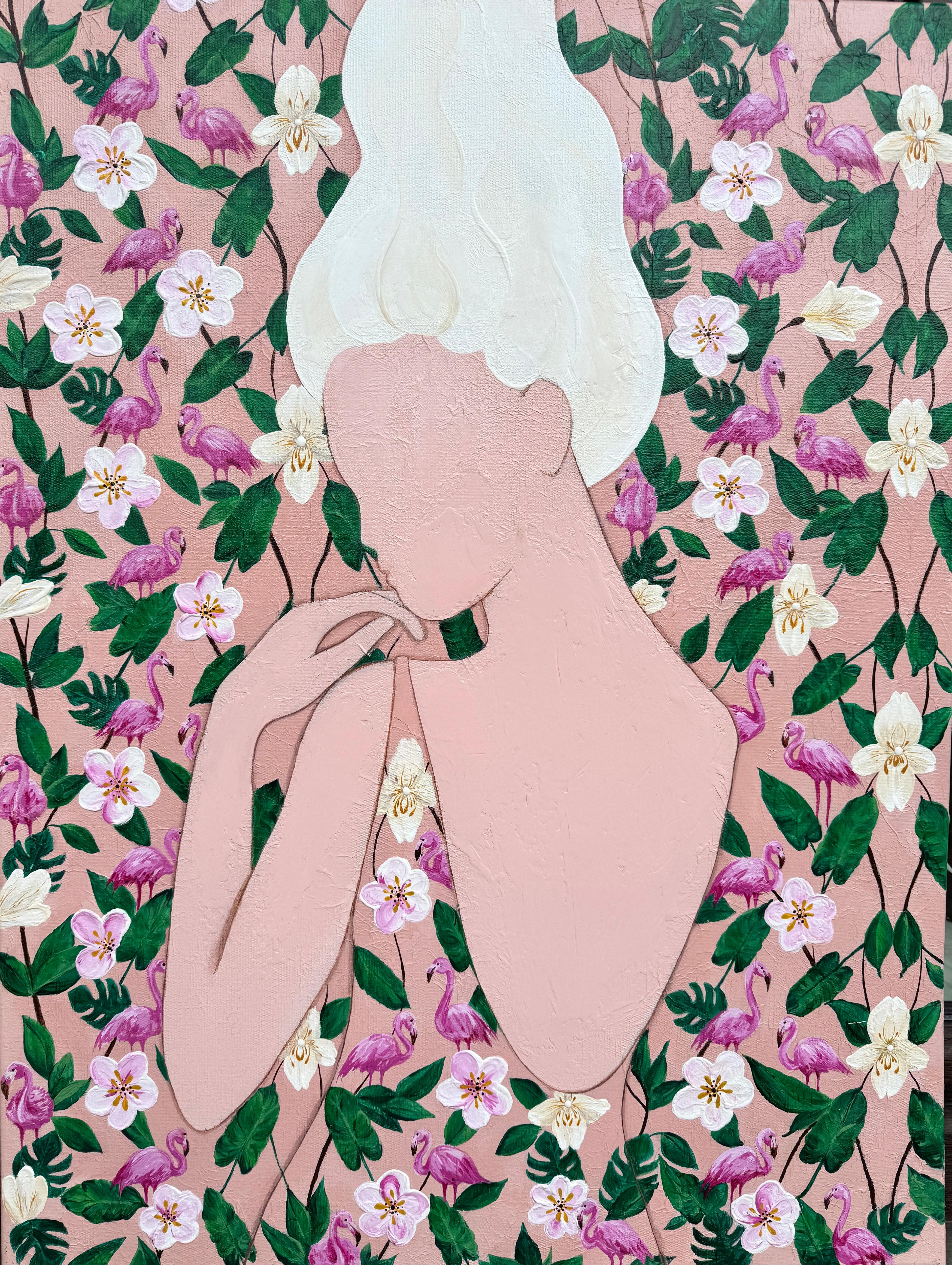 Iryna Kobzar Figurative Painting – Der Tanz der Stille auf rosa Beinen