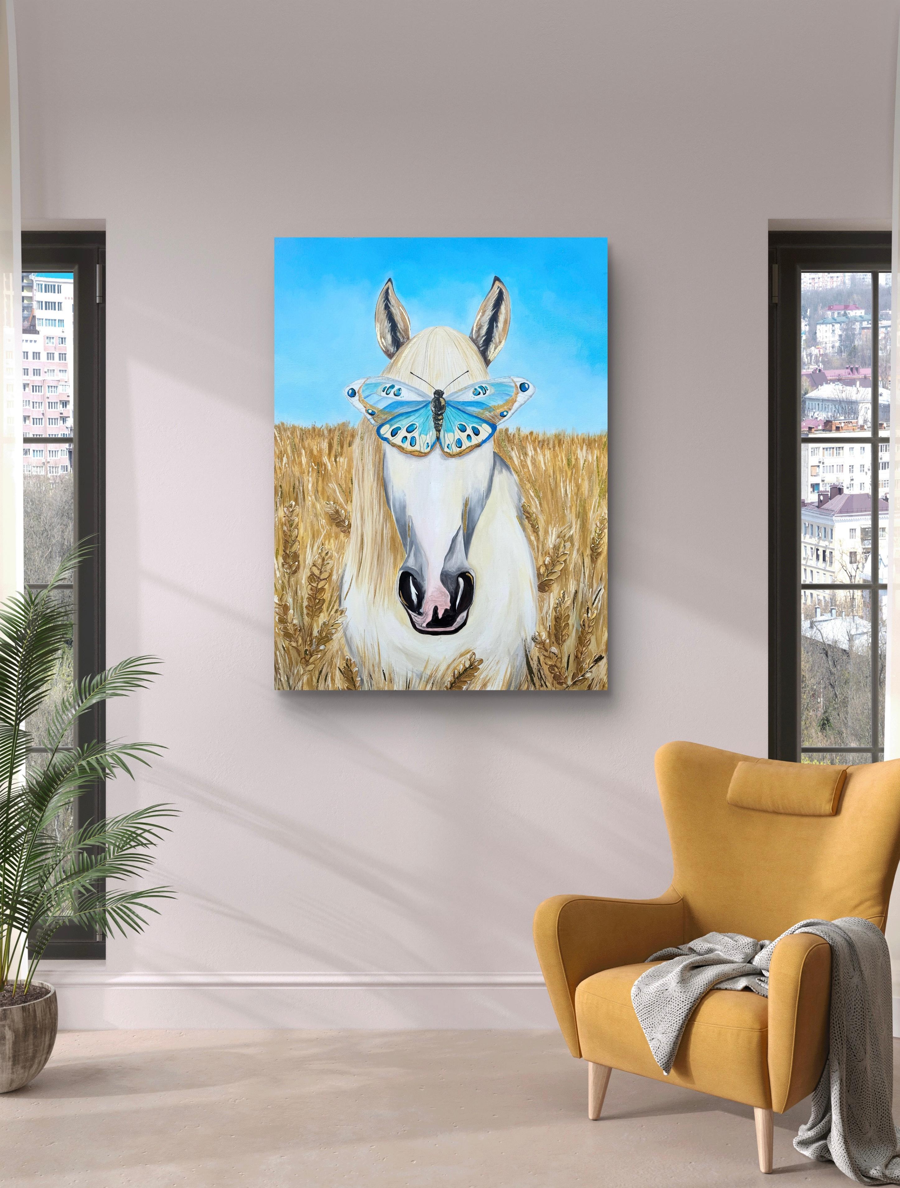 Through the Wings - Gray Figurative Painting by Iryna Kobzar