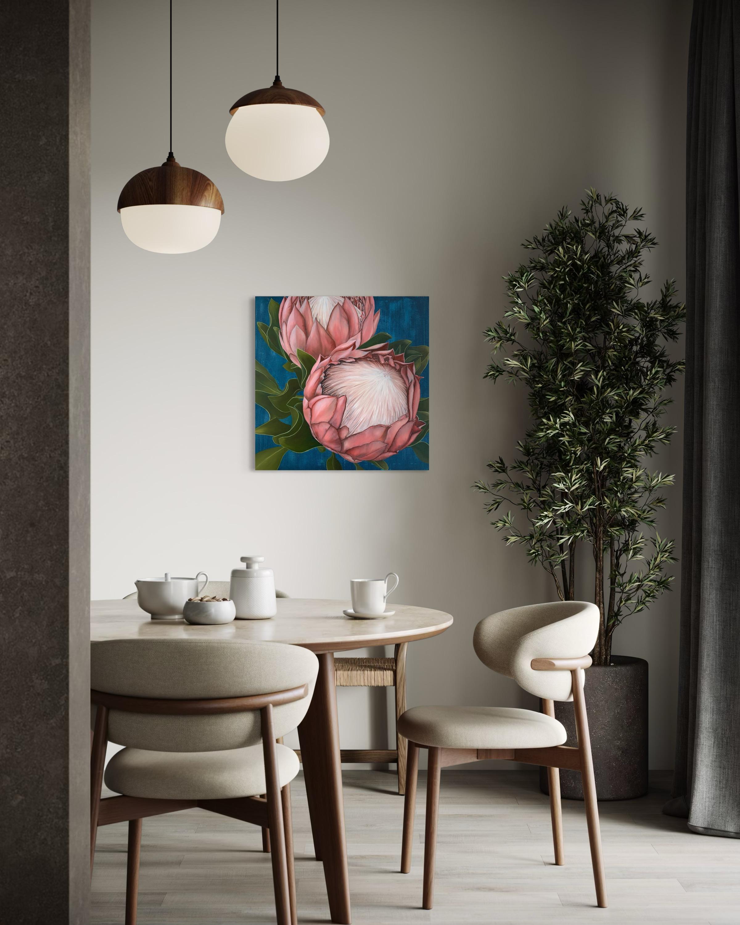 Il quadro è pronto per essere appeso, non ha una cornice decorativa.

Child & Child &New Hope è un dipinto pieno di simbolismi di rinascita e resilienza. Le protee, raffigurate in coppia, rappresentano la capacità della natura di riprendersi dopo le