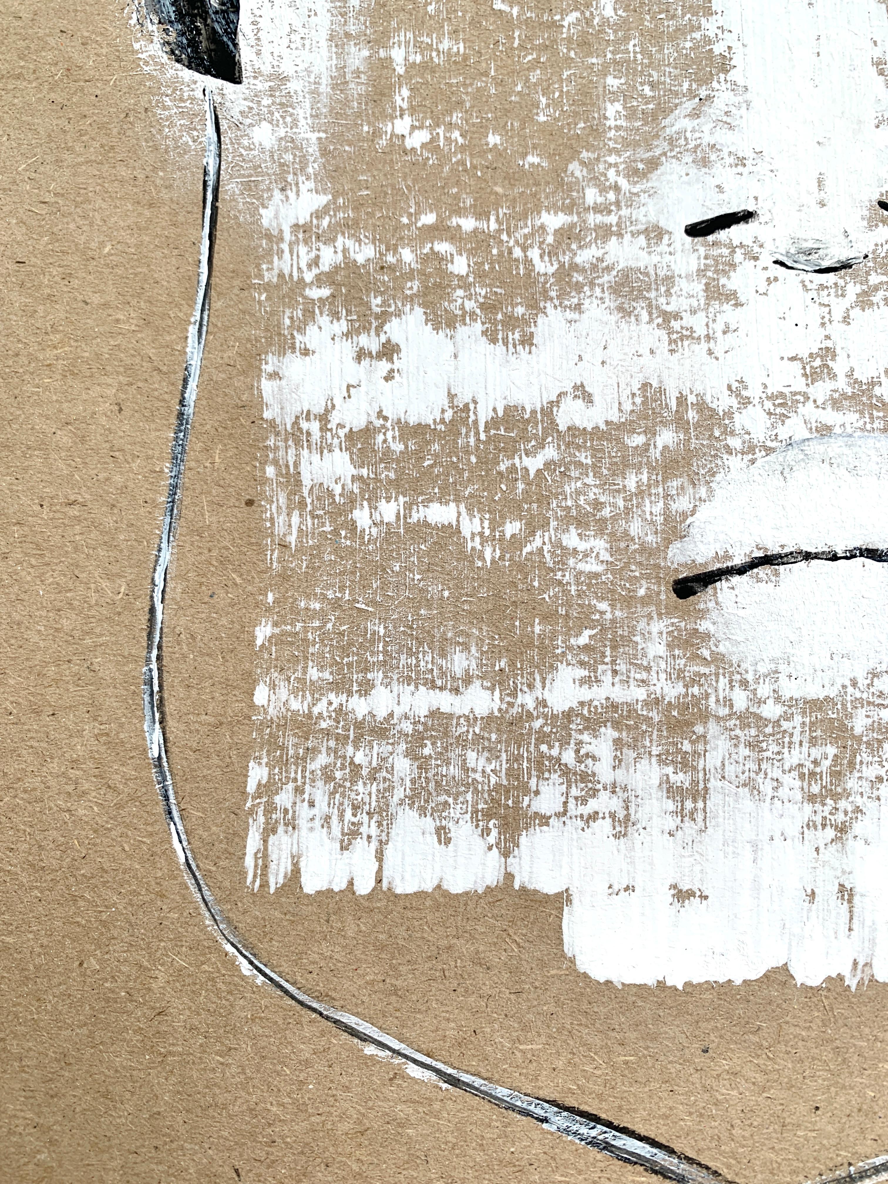 Un ritratto monocromatico e minimalista in una tavolozza sobria. Il volto bianco, simile a una maschera, è immerso nella musica, dissolvendosi nel tempo. Le pennellate semplici ma espressive creano un senso di fluidità e dissoluzione, mentre gli