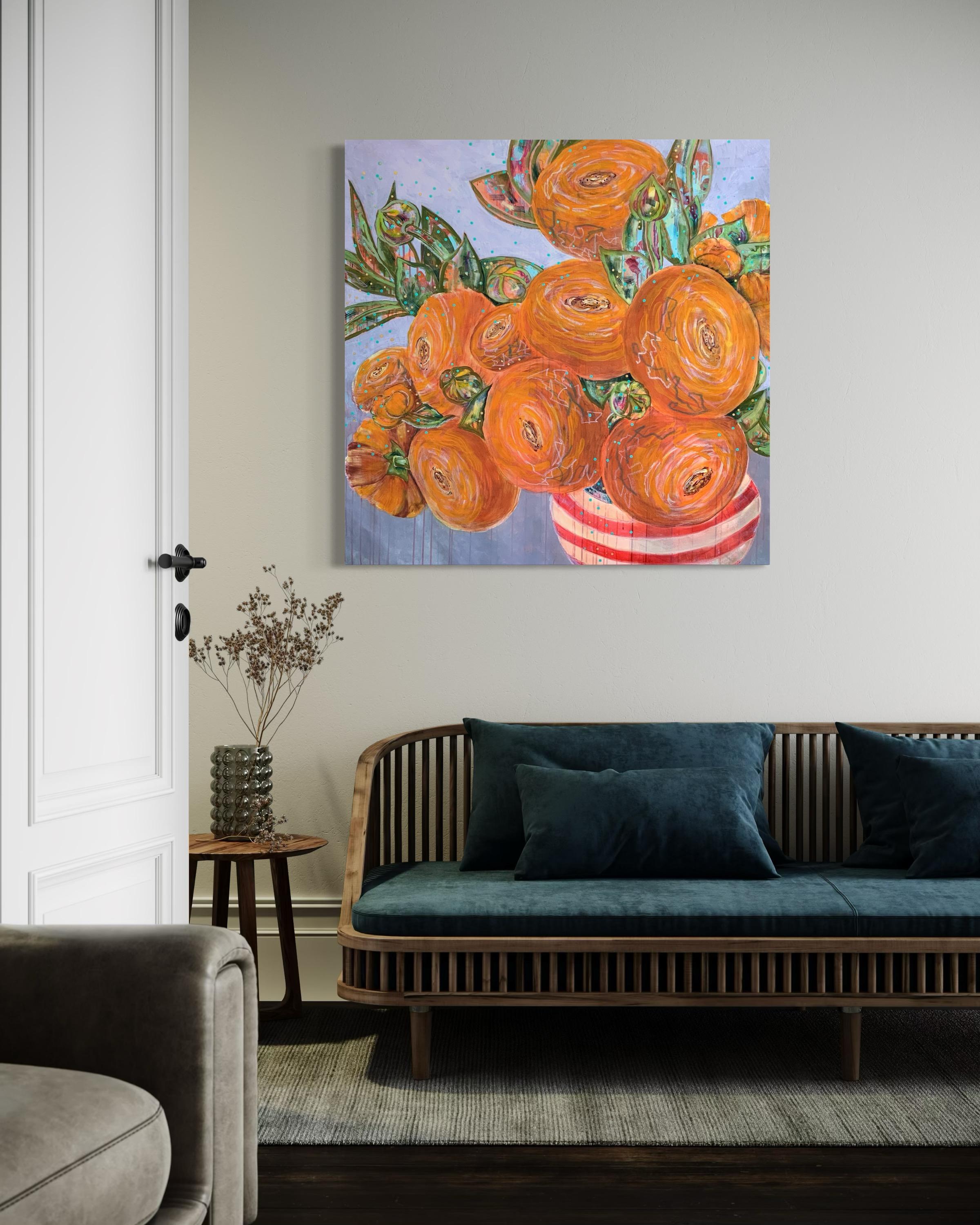 Il quadro è pronto per essere appeso, non ha una cornice decorativa.

The Secret Behind Fragile Petals è una composizione multistrato in cui dietro la visibile fragilità si nasconde una potente energia vitale. I fiori luminosi in vari stadi di