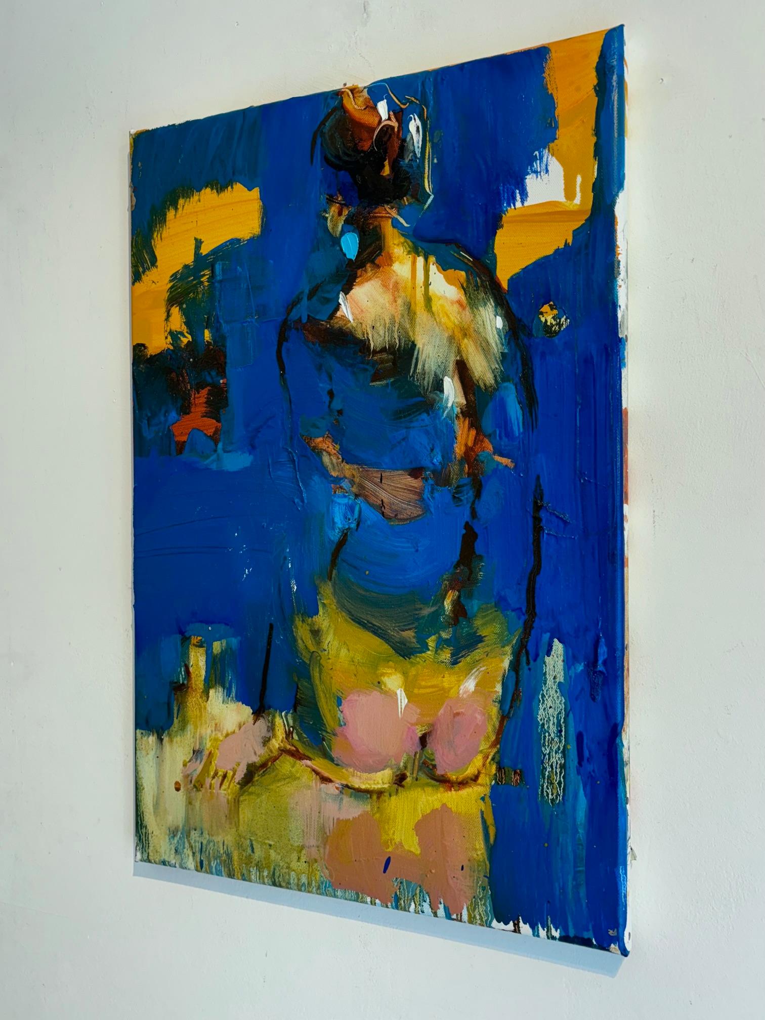 Junto a la piscina 4-original figurativo abstracto forma femenina pintura-arte contemporáneo - Figurative Painting Azul de Iryna Yermolova