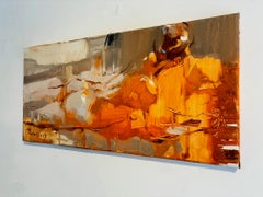Poolside 5 : peinture à l'huile abstraite figurative, signée, 30x60 cm