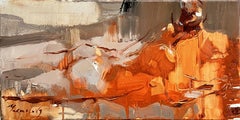 Poolside 5 : peinture à l'huile abstraite figurative, signée, 30x60 cm