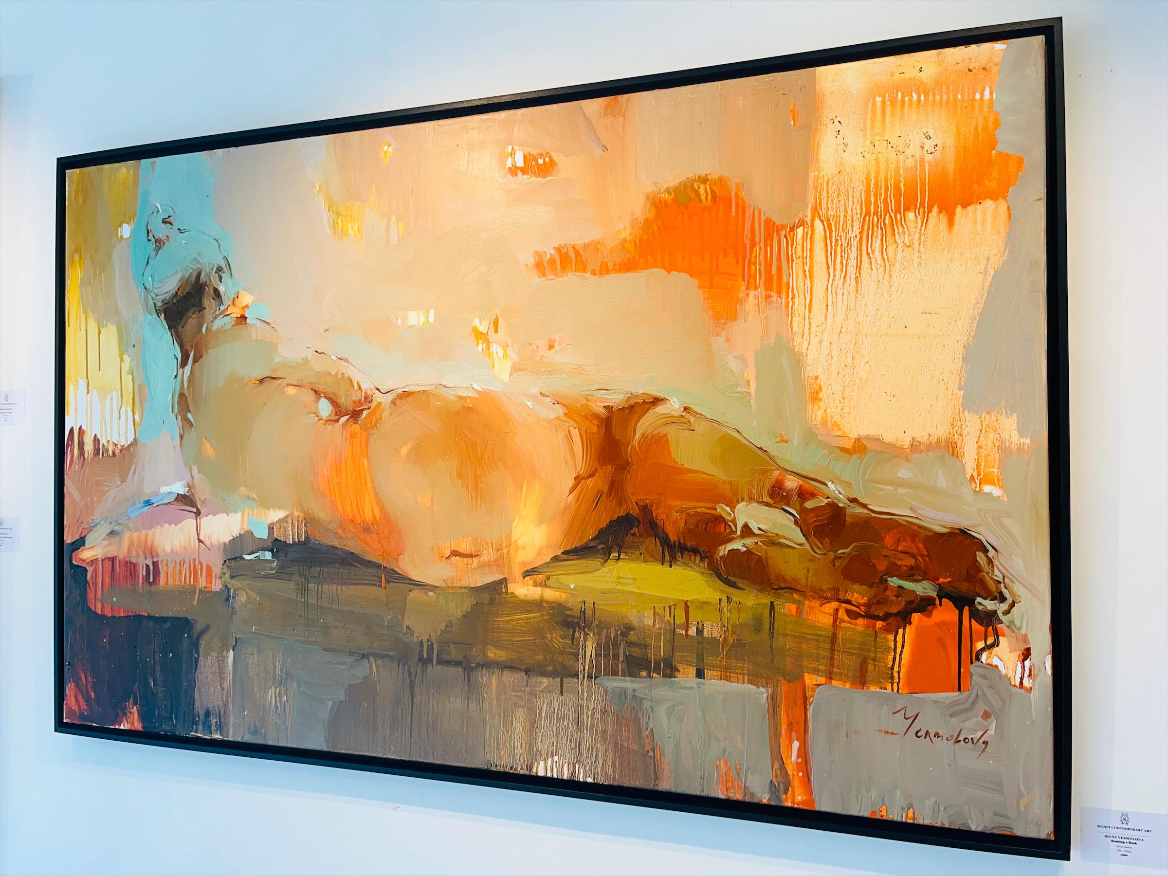 Lectura - pintura original figurativa abstracta de forma femenina - arte contemporáneo - Figurative Painting Marrón de Iryna Yermolova