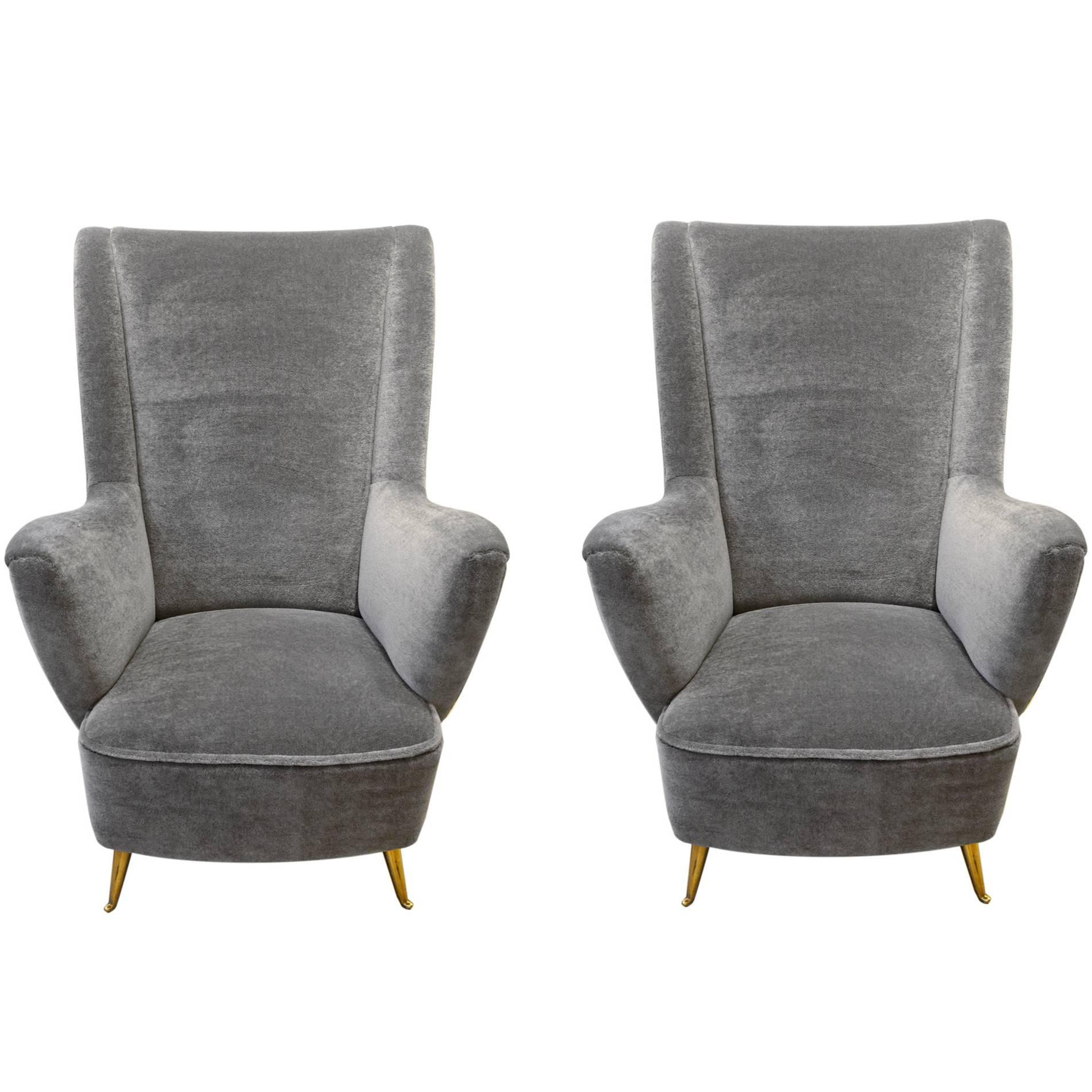ISA, Pair of Armchairs in Velvet Mohair and Brass, Italy, circa 1950 For Sale