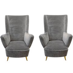 ISA, Pair of Armchairs in Velvet Mohair and Brass, Italy, circa 1950