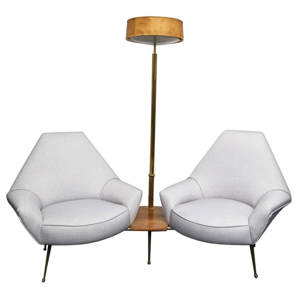 I.S.A. 1950s Living Room with Floor Lamp, Wood Brass Padded, 1950, Italy