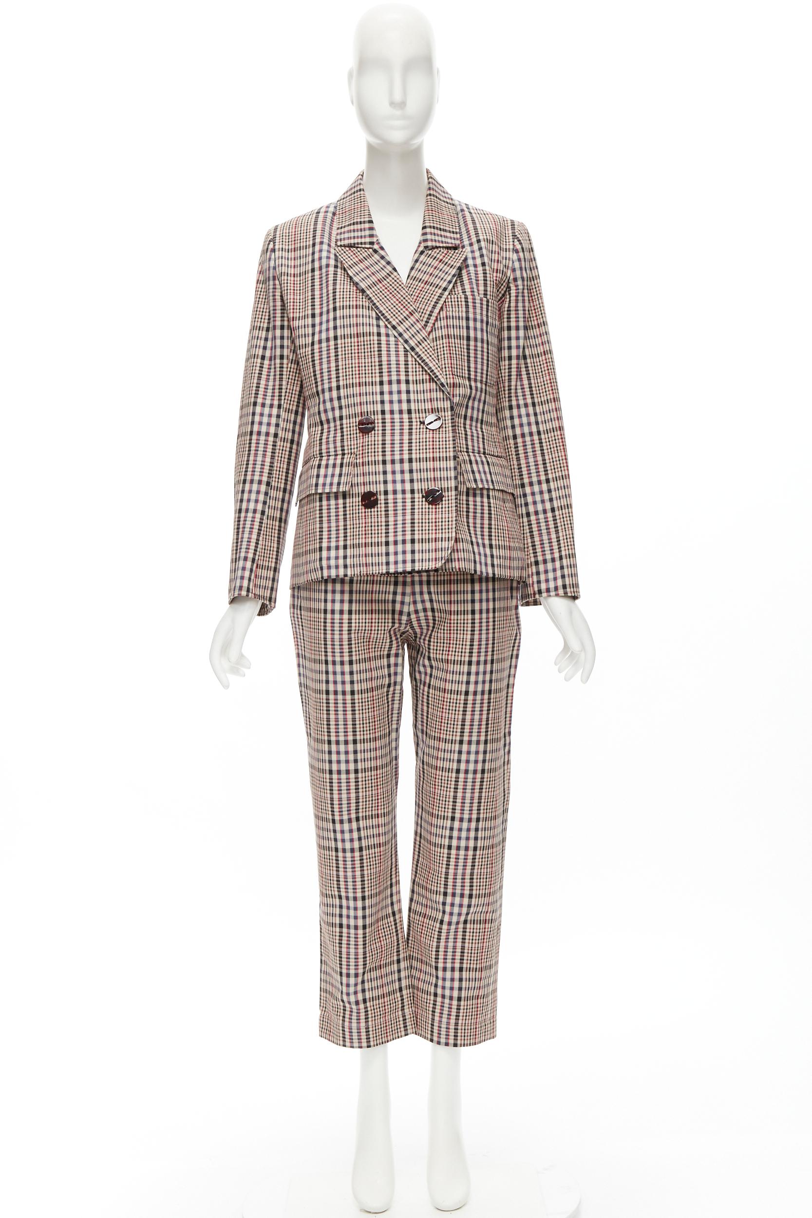 ISA ARFEN beige black red checkered double breasted blazer pants set 8 IT40 For Sale 7