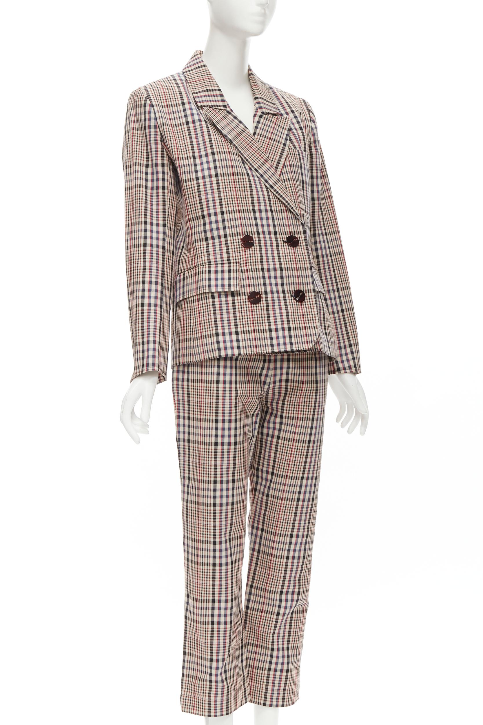 ISA ARFEN beige black red checkered double breasted blazer pants set 8 IT40 In New Condition For Sale In Hong Kong, NT