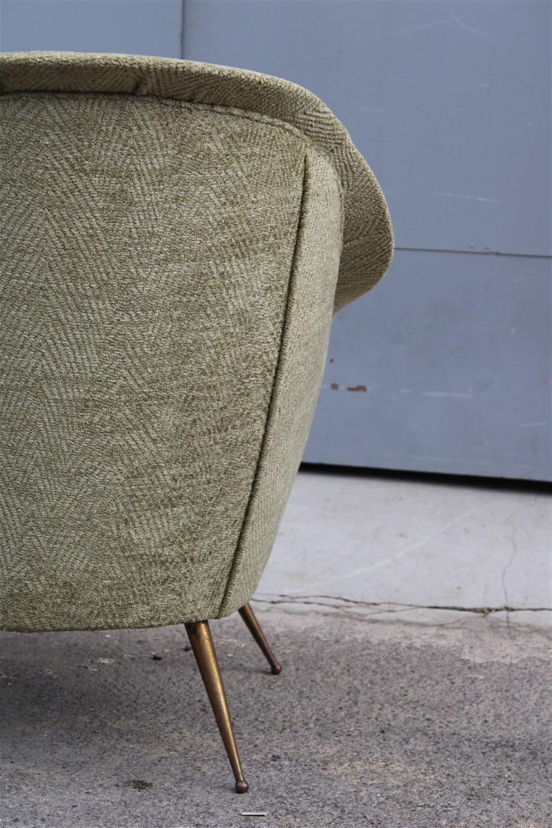 Isa Bergamo Armchair with Green Velvet Midcentury Italian Design Stool Brass  7