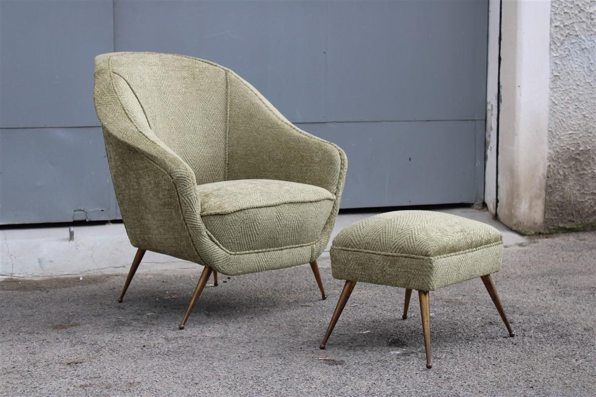 Isa bergamo armchair with green velvet midcentury Italian Design stool Brass Feet.
stools height cm.38, cm.45x35.