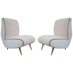 ISA Bergamo Brass Legs and Grey Velvet Midcentury Pair of Lounge Chairs, 1960