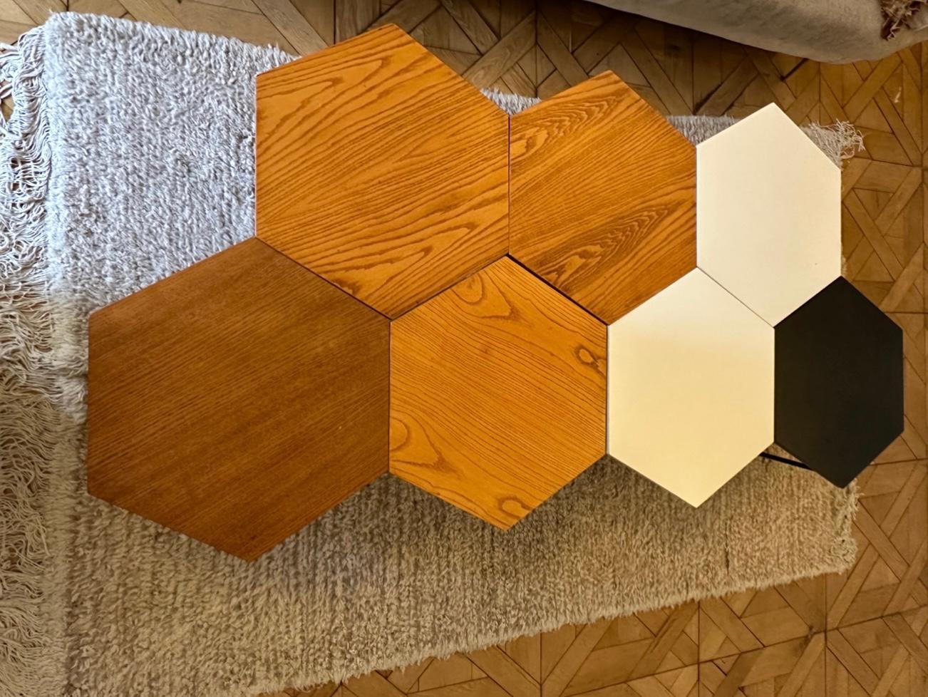 These seven Gio Ponti hexagonal coffee tables allow you to play around to create the shape that you want in any space, reminiscent of a beyhive.