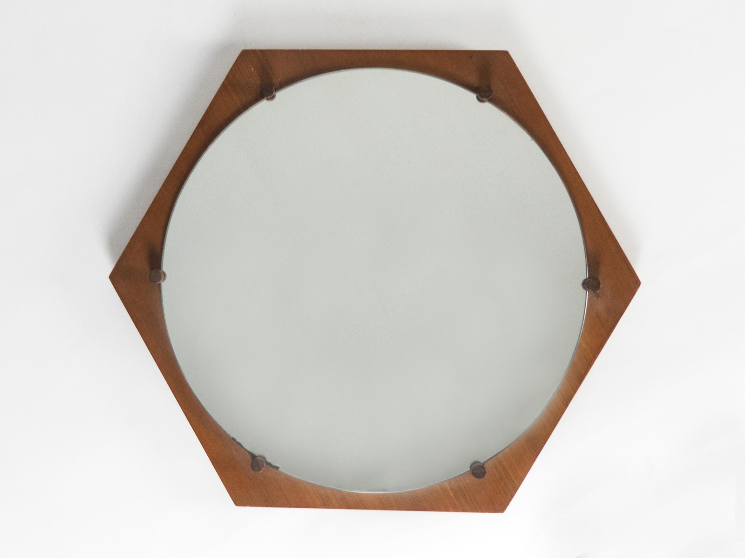 Mid-Century Modern ISA Bergamo Hexagonal Teak Midcentury Wall Mirror, 1960s For Sale