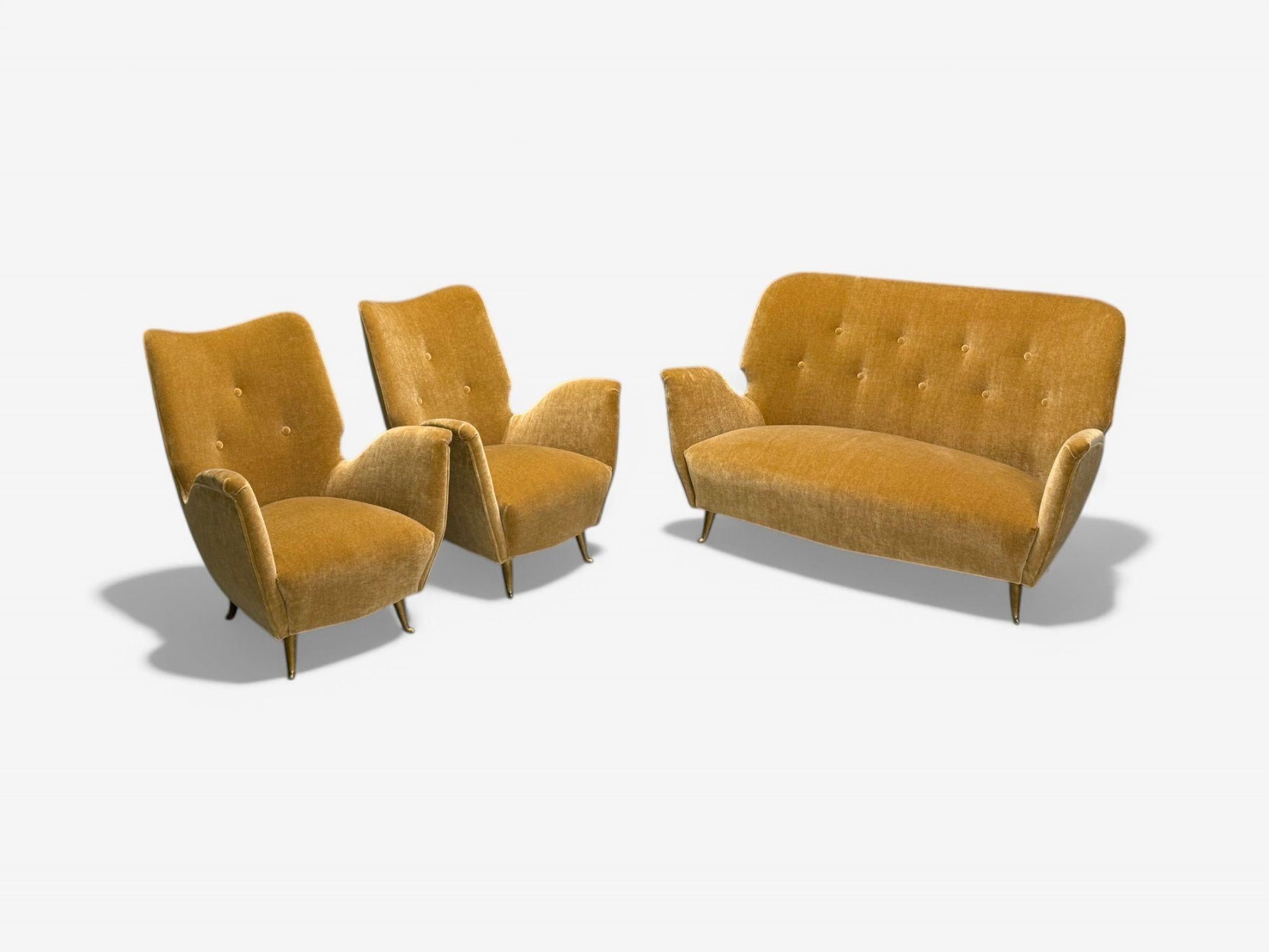 ISA Bergamo, Italian Mid-Century, Bronze, Camel Mohair, Lounge Chairs, 1950s For Sale 6