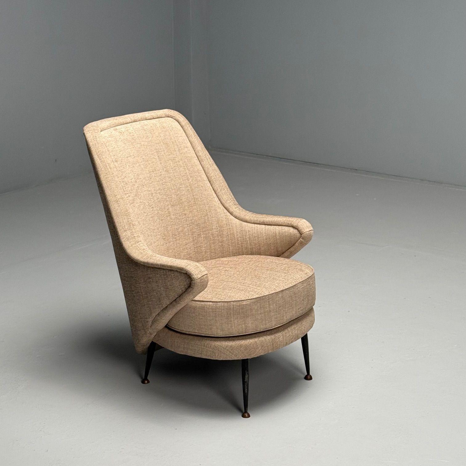 Mid-20th Century ISA Bergamo, Italian Mid-Century Modern, Armchair, Beige Linen, Brass, 1950s