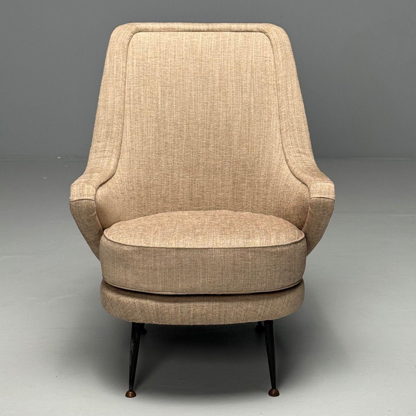ISA Bergamo, Italian Mid-Century Modern, Armchair, Beige Linen, Brass, 1950s 1
