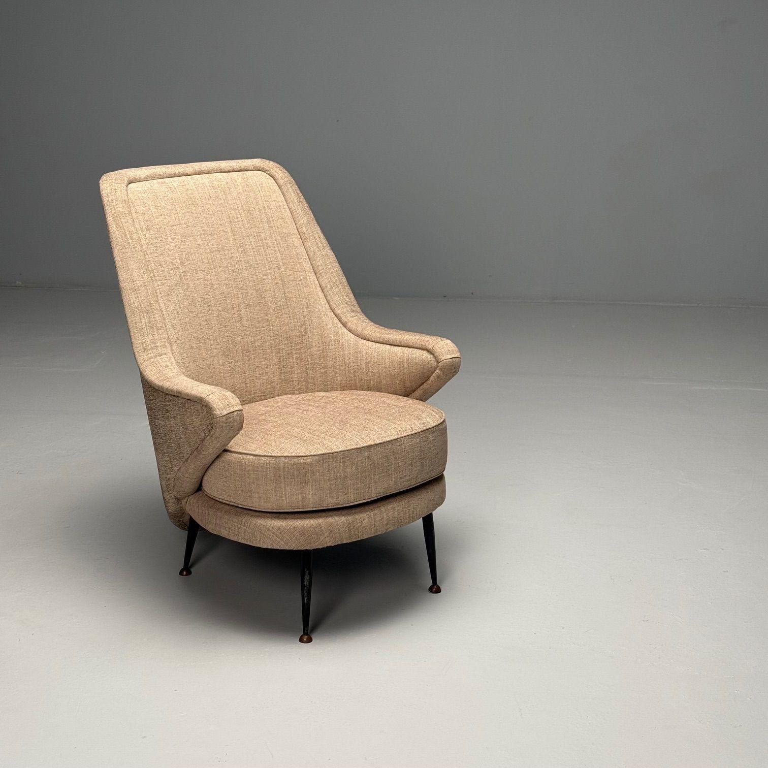 ISA Bergamo, Italian Mid-Century Modern, Armchair, Beige Linen, Brass, 1950s 2