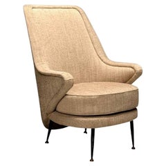 ISA Bergamo, Italian Mid-Century Modern, Armchair, Beige Linen, Brass, 1950s