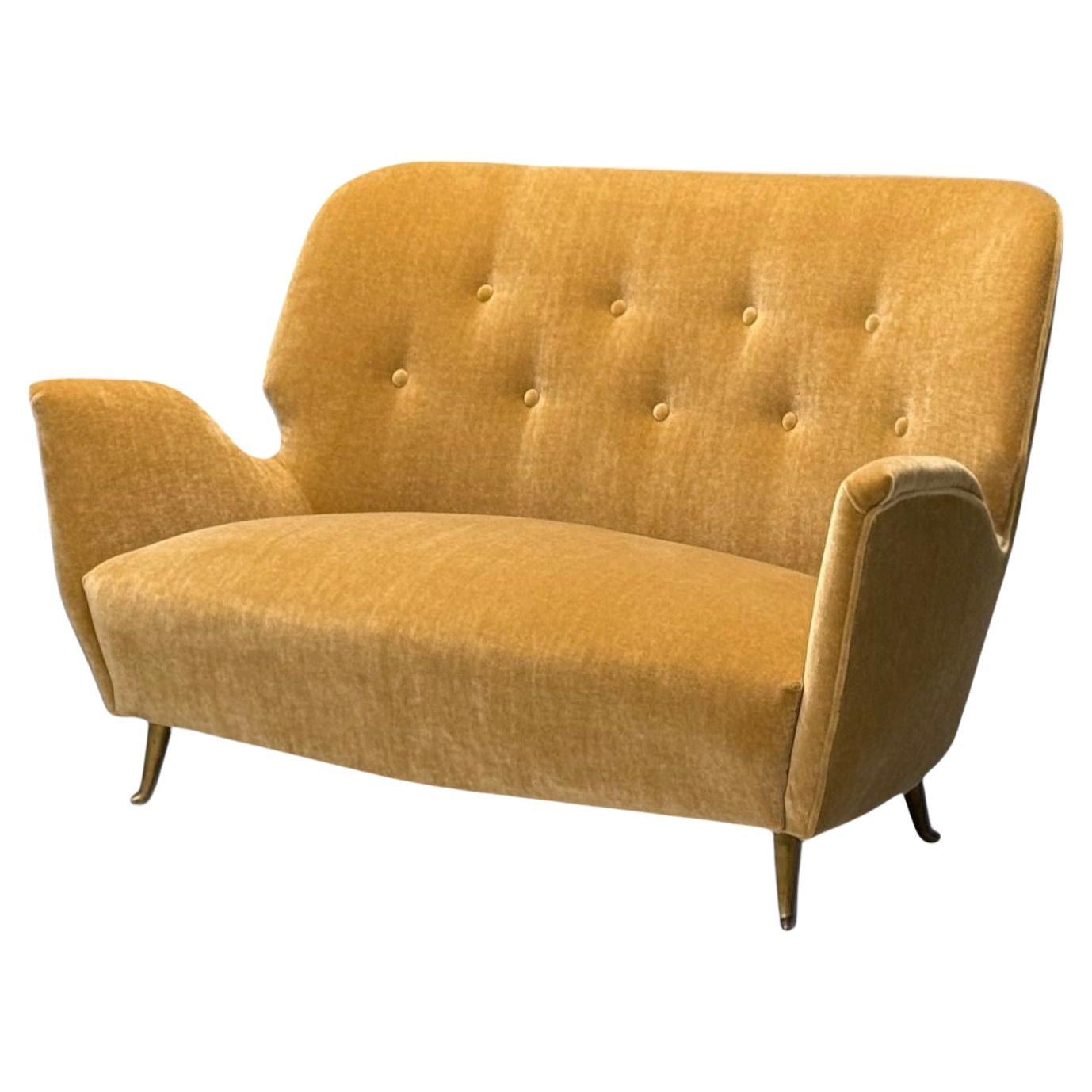 ISA Bergamo, Italian Mid-Century Modern, Bronze, Camel Mohair, Settee, 1950s