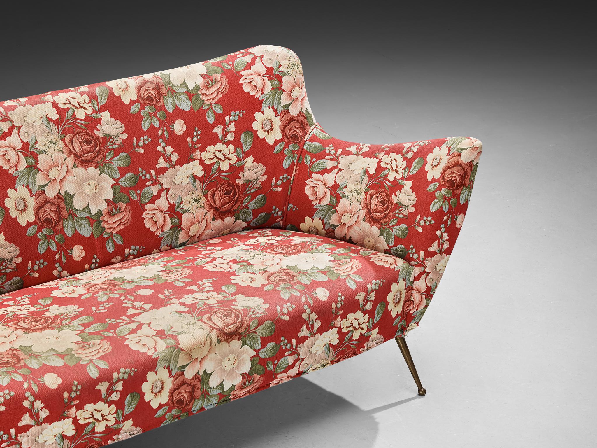Mid-Century Modern ISA Bergamo Italian Sofa in Brass and Floral Upholstery For Sale