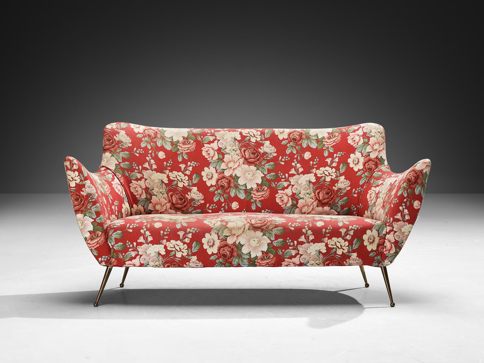 ISA Bergamo Italian Sofa in Brass and Floral Upholstery For Sale 1