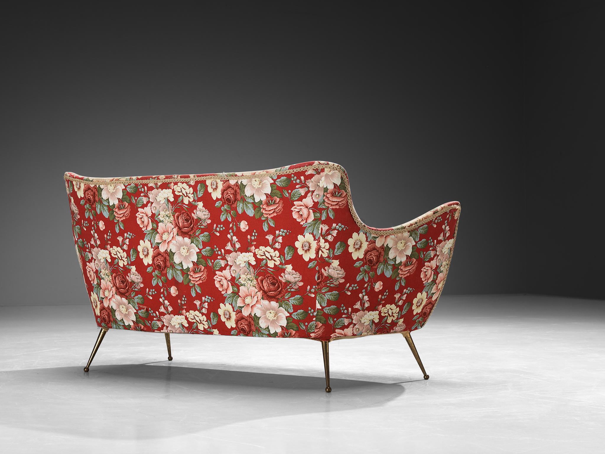 ISA Bergamo Italian Sofa in Brass and Floral Upholstery For Sale 3